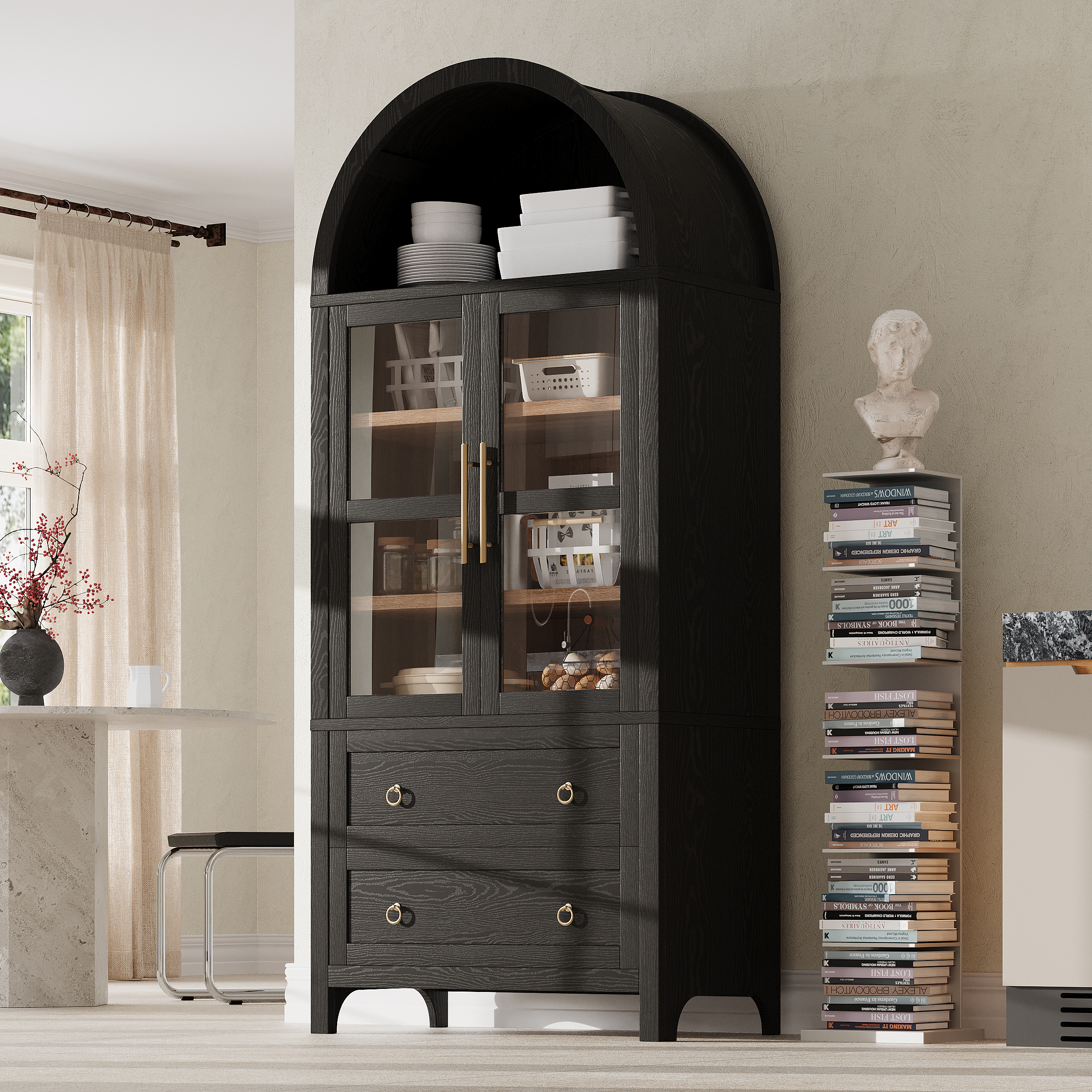 K&K 71″ Tall Arched Kitchen Pantry Cabinet with 2 Large Drawers, Modern Farmhouse Kitchen Storage Cabinets with Adjustable Shelves, Glass Door, Wood Versatile Cupboard for Kitchens, Dining Room, Black