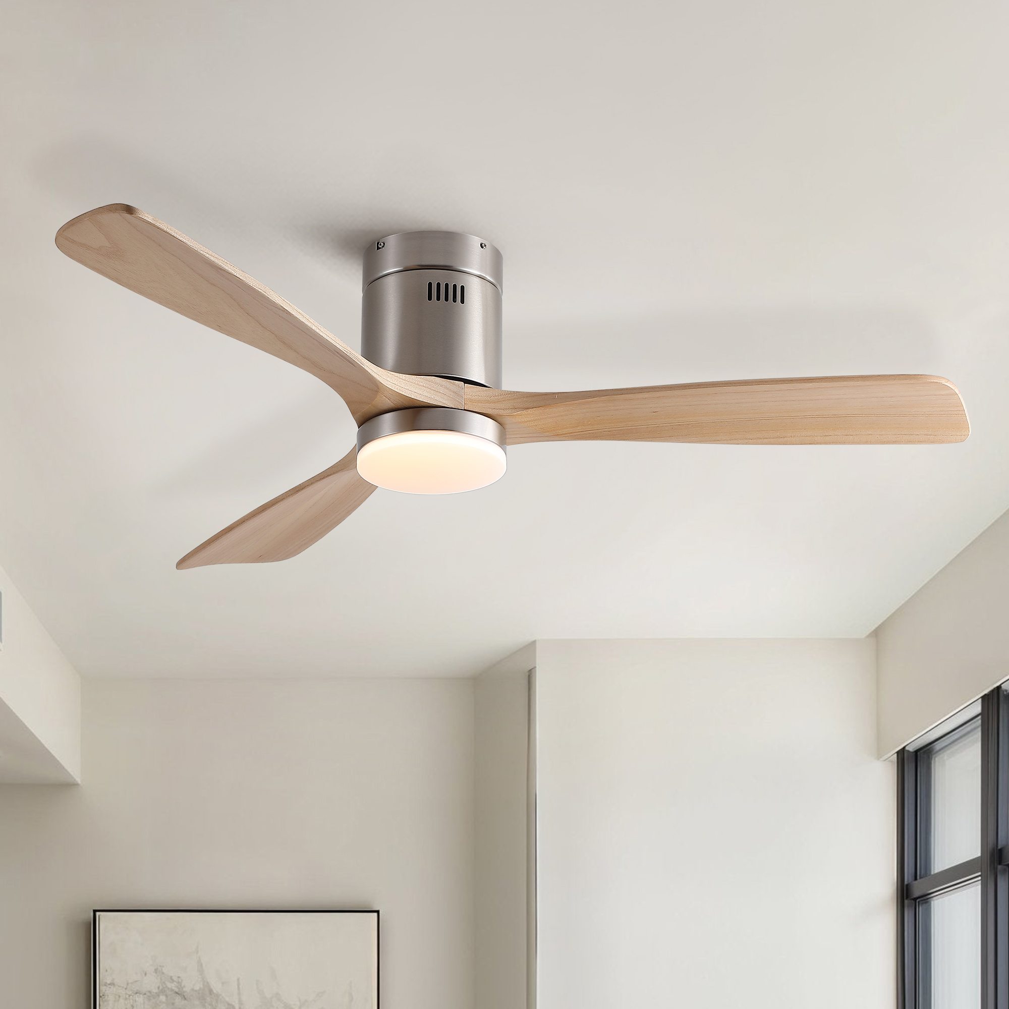 52 inch Mordern Cozy Natural Style Solid Wood Low Profile Flush Mount Intergrated LED Ceiling Fan with Light