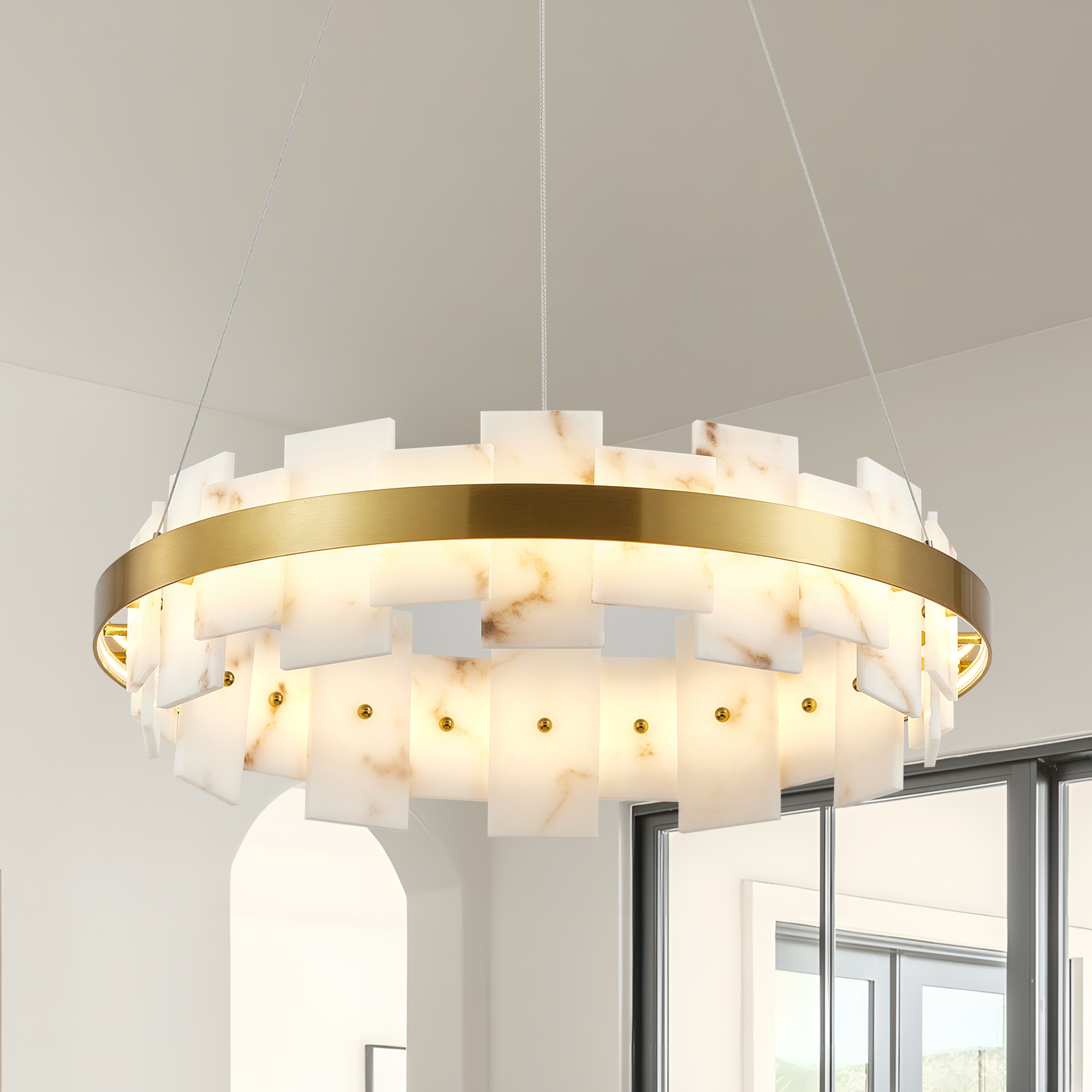Modern Alabaster Linear Chandelier, 20 Inch Round Adjustable Flushmount Ceiling Light Fixture for Living Room, Over Table, Bedroom, Hallway, Entryway