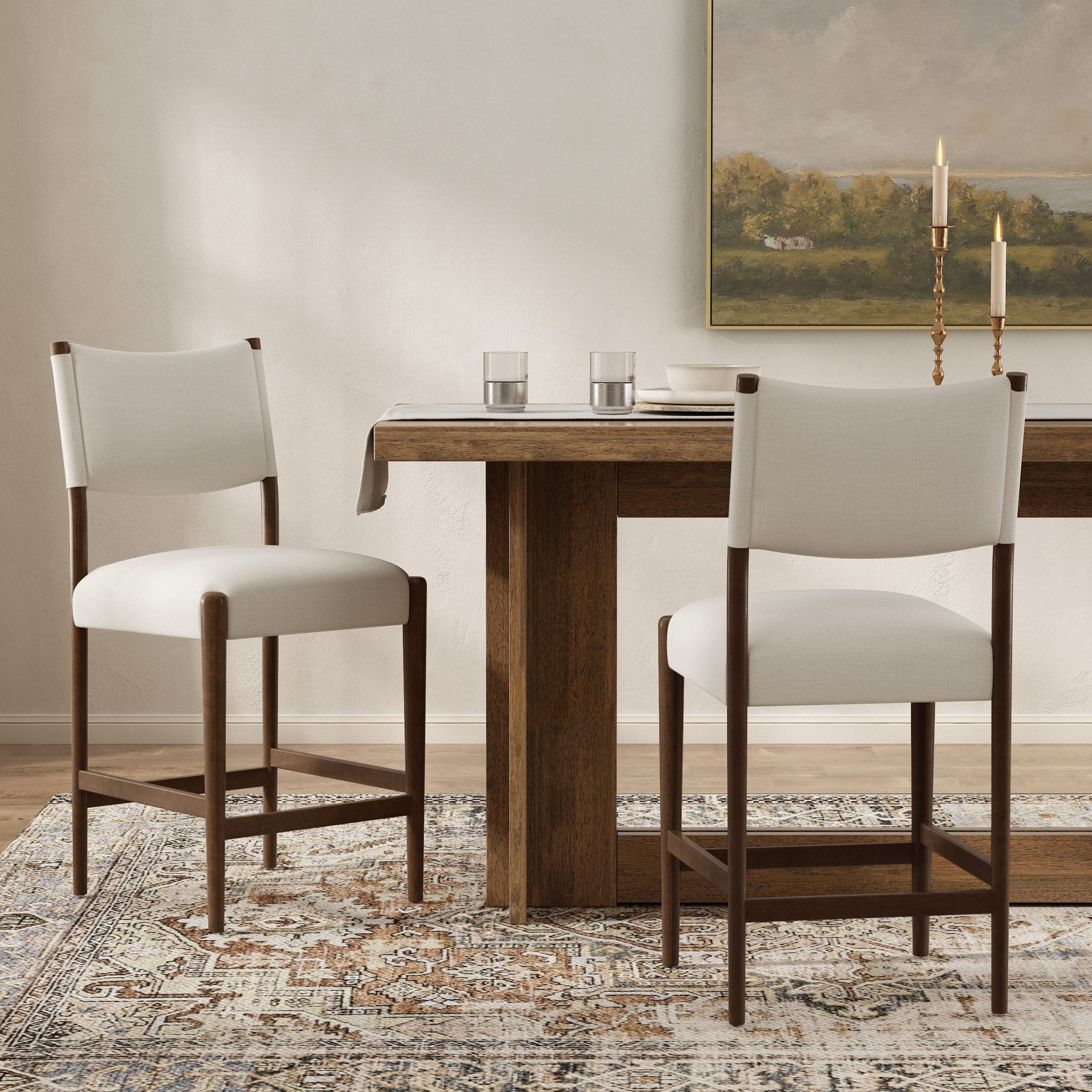 26.4″ Solid Wood Counter Height Barstools, Modern Bar Stools Set of 2, Linen Upholstered Kitchen Island Chair With Walnut-Finished Wood Legs for Home Bar Coffee Shop,Beige