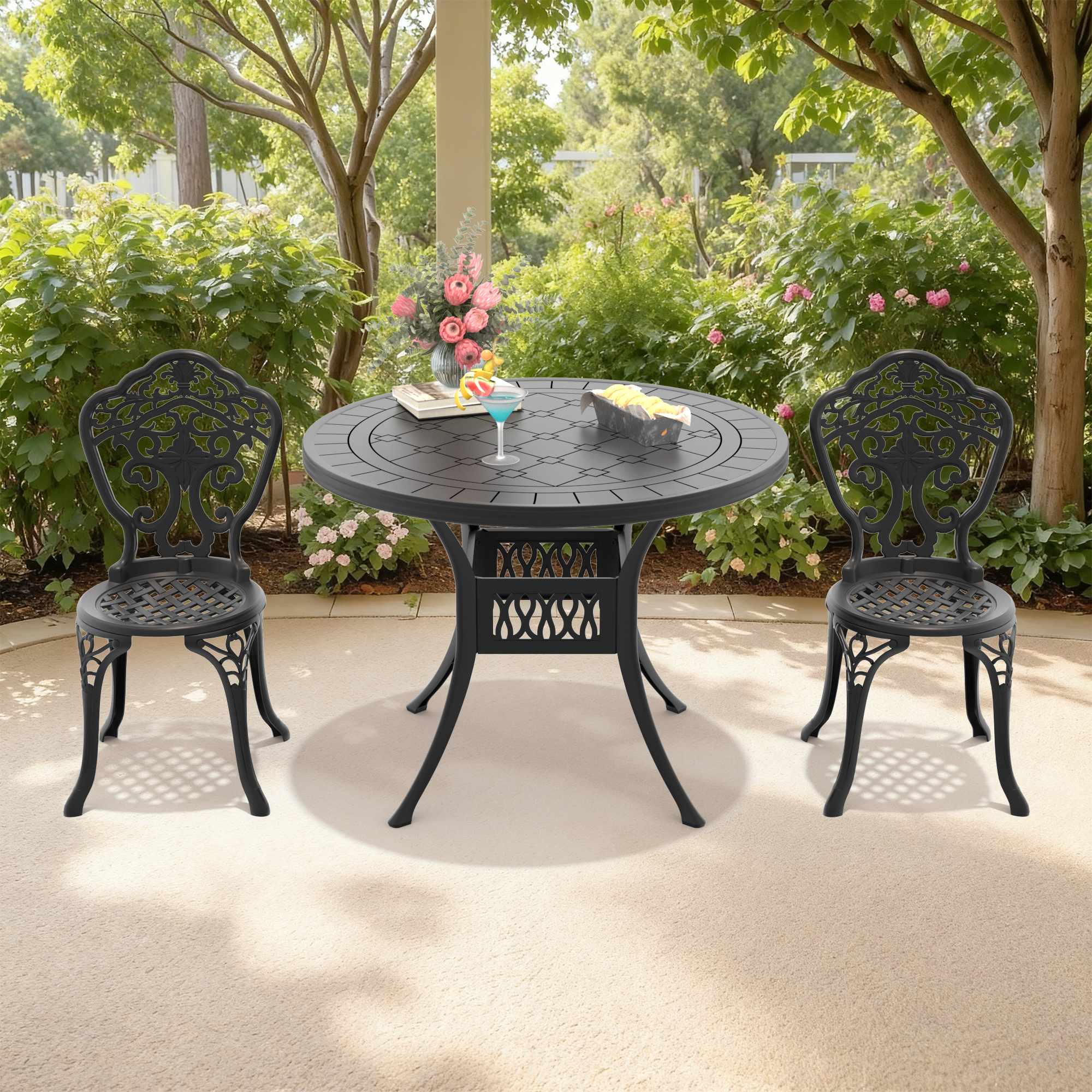 3-Piece Set Of All-Weather Cast Aluminum Dining Furniture Set With Black Frame