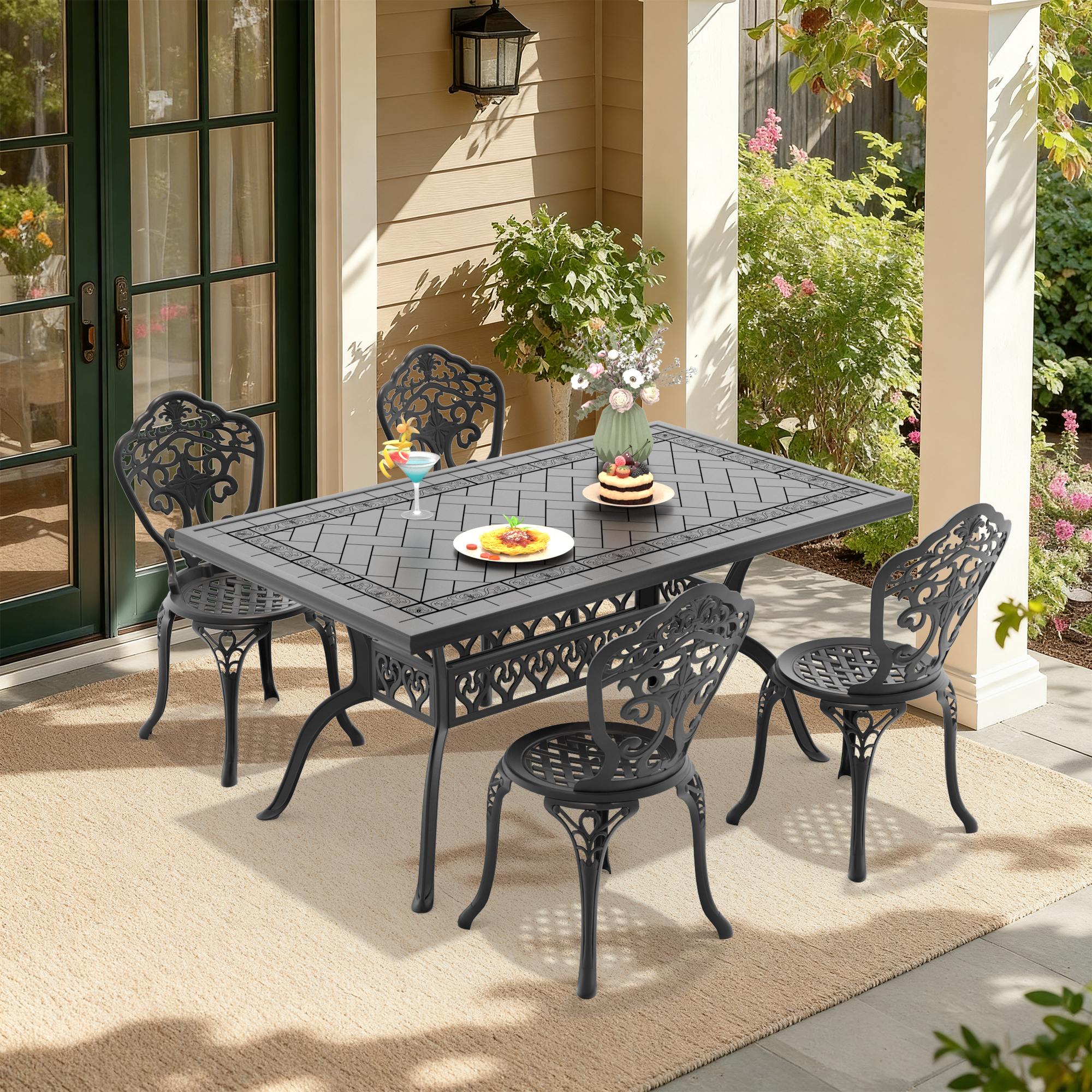 5-Piece Set Of All-Weather Cast Aluminum Dining Furniture Set With Black Frame