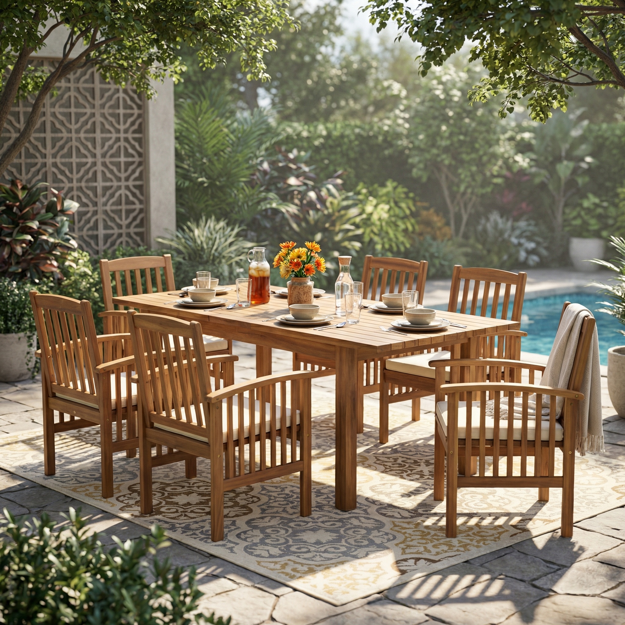 7 Pieces Acacia Wood Outdoor Dining Set s,Modern 6 Chairs 1 Large Table,Dining Furniture Set for Lawn, Backyard, Garden Deck,Poolside,Teak