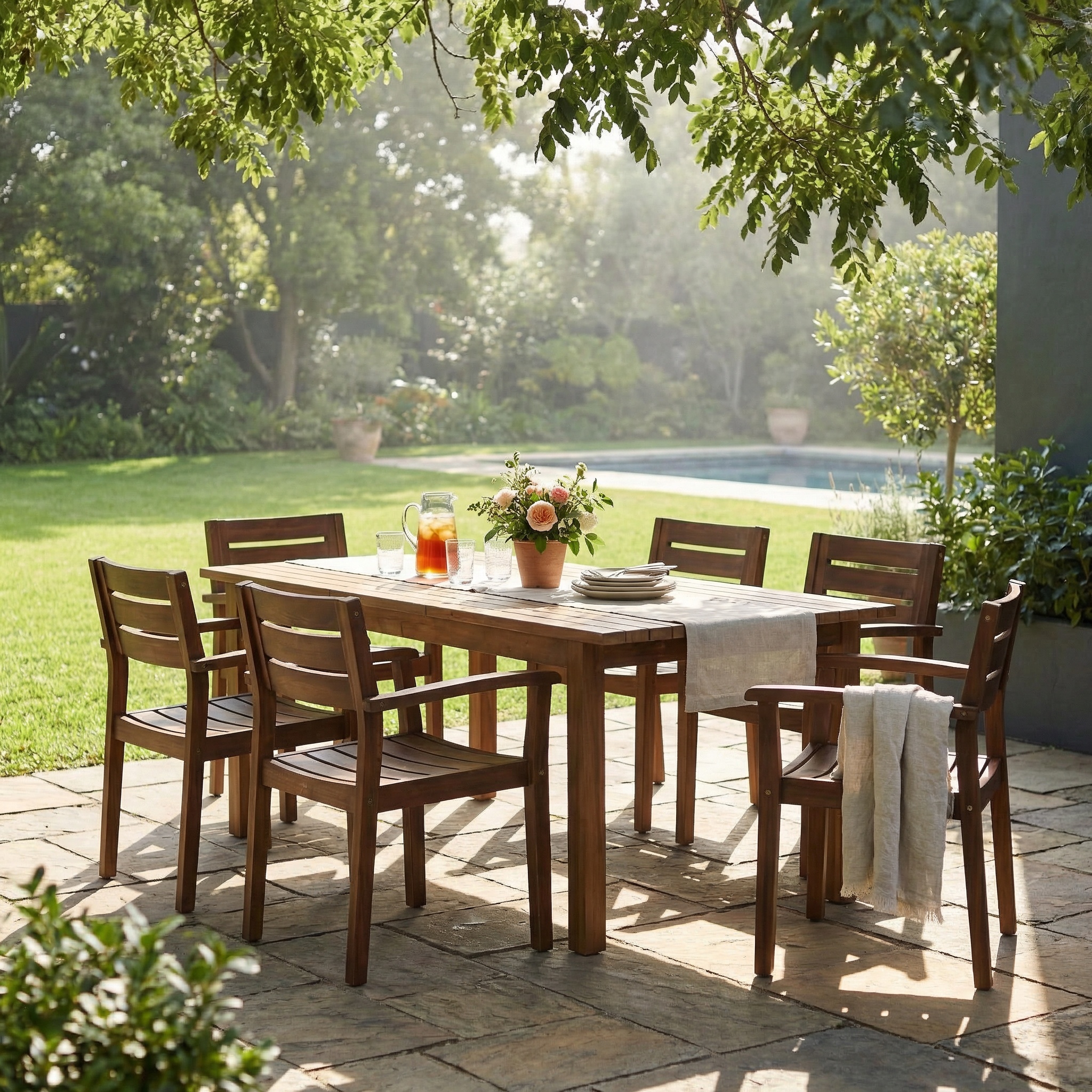 7 Pieces Acacia Wood Outdoor Dining Set s,Modern 6 Chairs 1 Large Table,Dining Furniture Set for Lawn, Backyard, Garden Deck,Poolside,Dark Brown