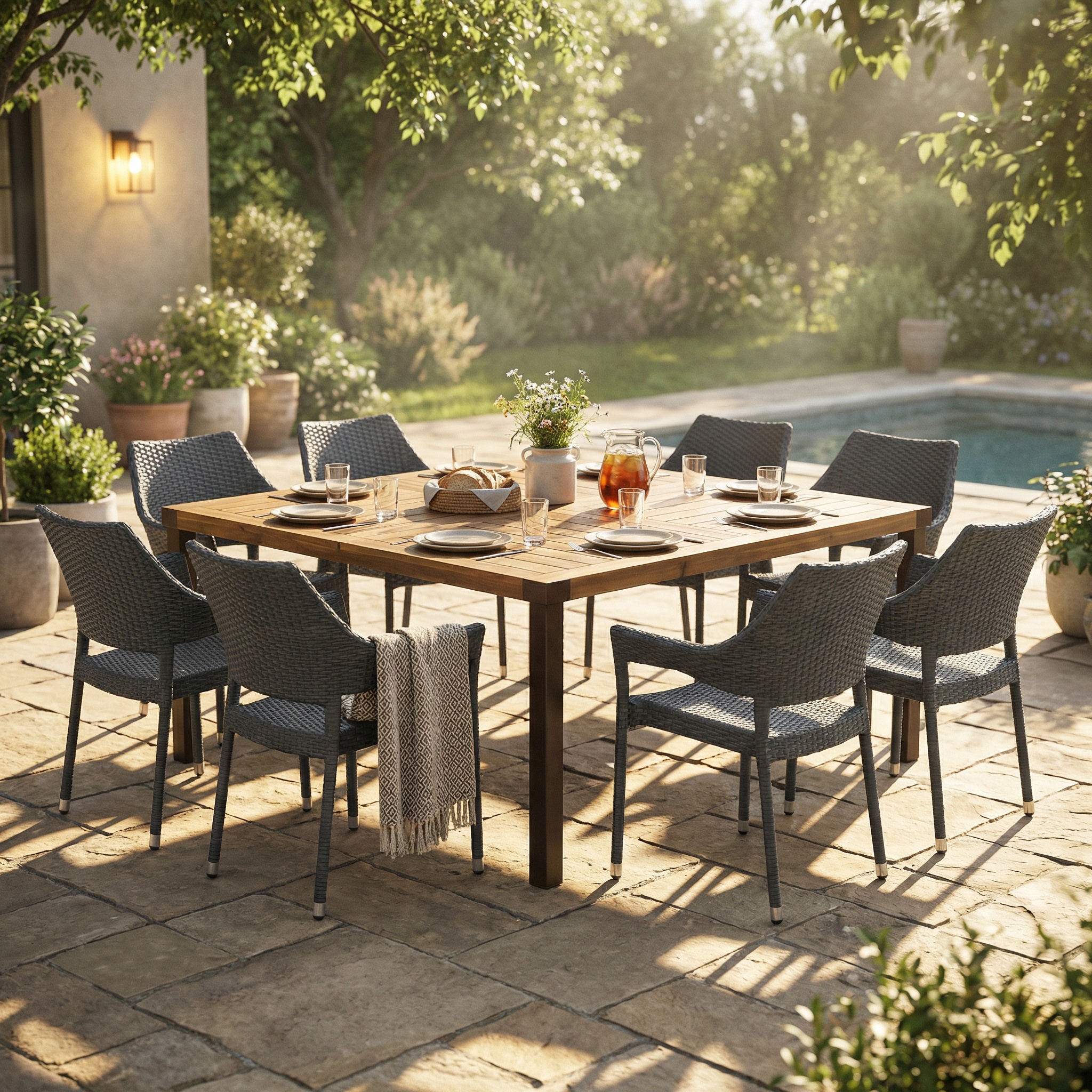 9 PCS Outdoor Dining Set ,64″ Large Solid Wood Table and Grey Wicker Chairs for 8 for Patio, Deck, Backyard, Teak Finish