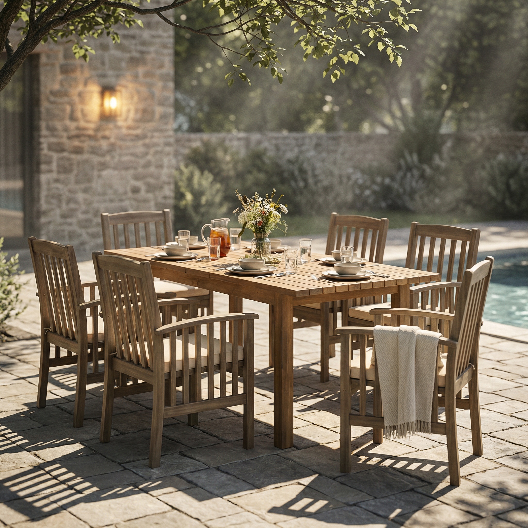 7 Pieces Acacia Wood Outdoor Dining Set s,Modern 6 Chairs 1 Large Table,Dining Furniture Set for Lawn, Backyard, Garden Deck,Poolside,Grey