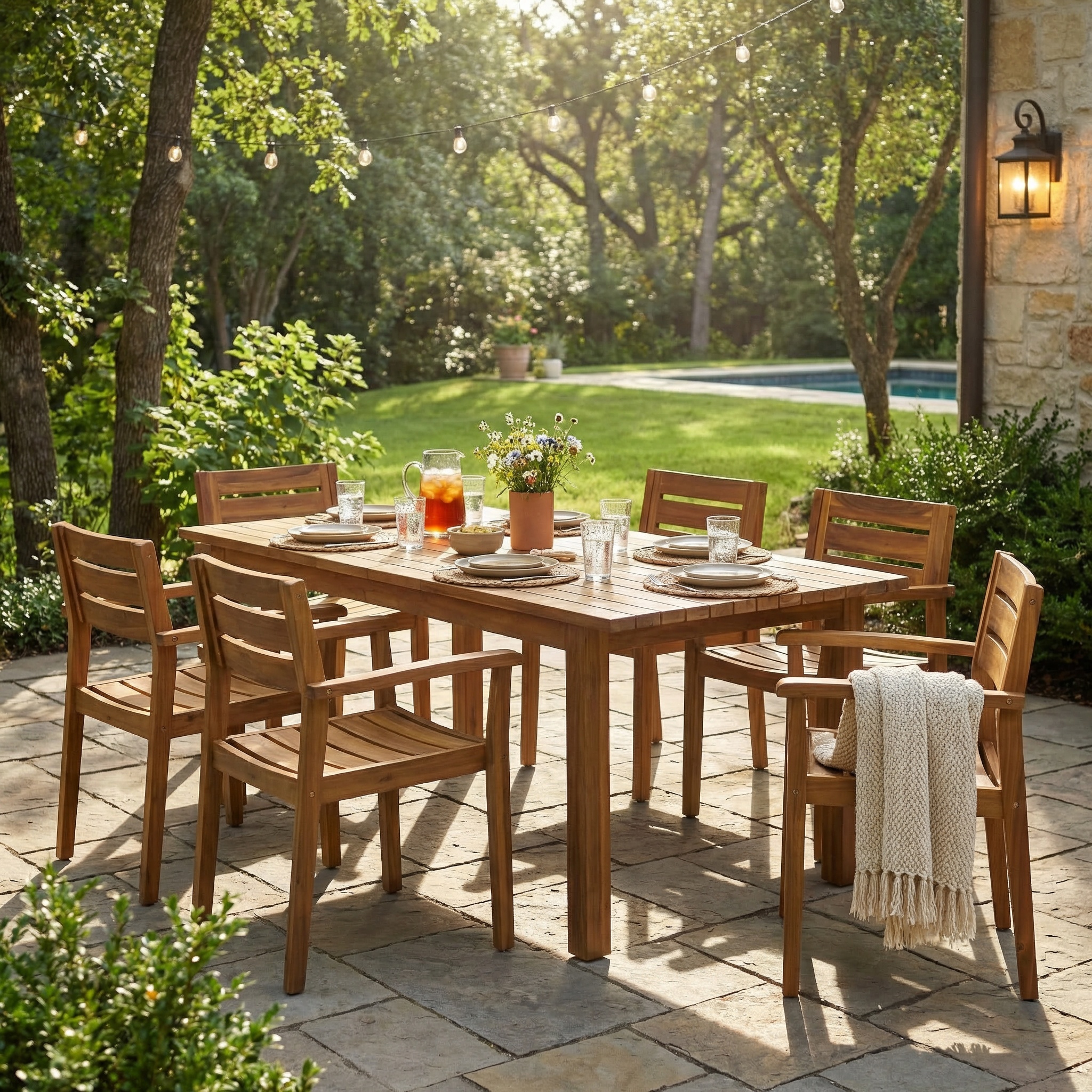 7 Pieces Acacia Wood Outdoor Dining Set s,Modern 6 Chairs 1 Large Table,Dining Furniture Set for Lawn, Backyard, Garden Deck,Poolside,Teak