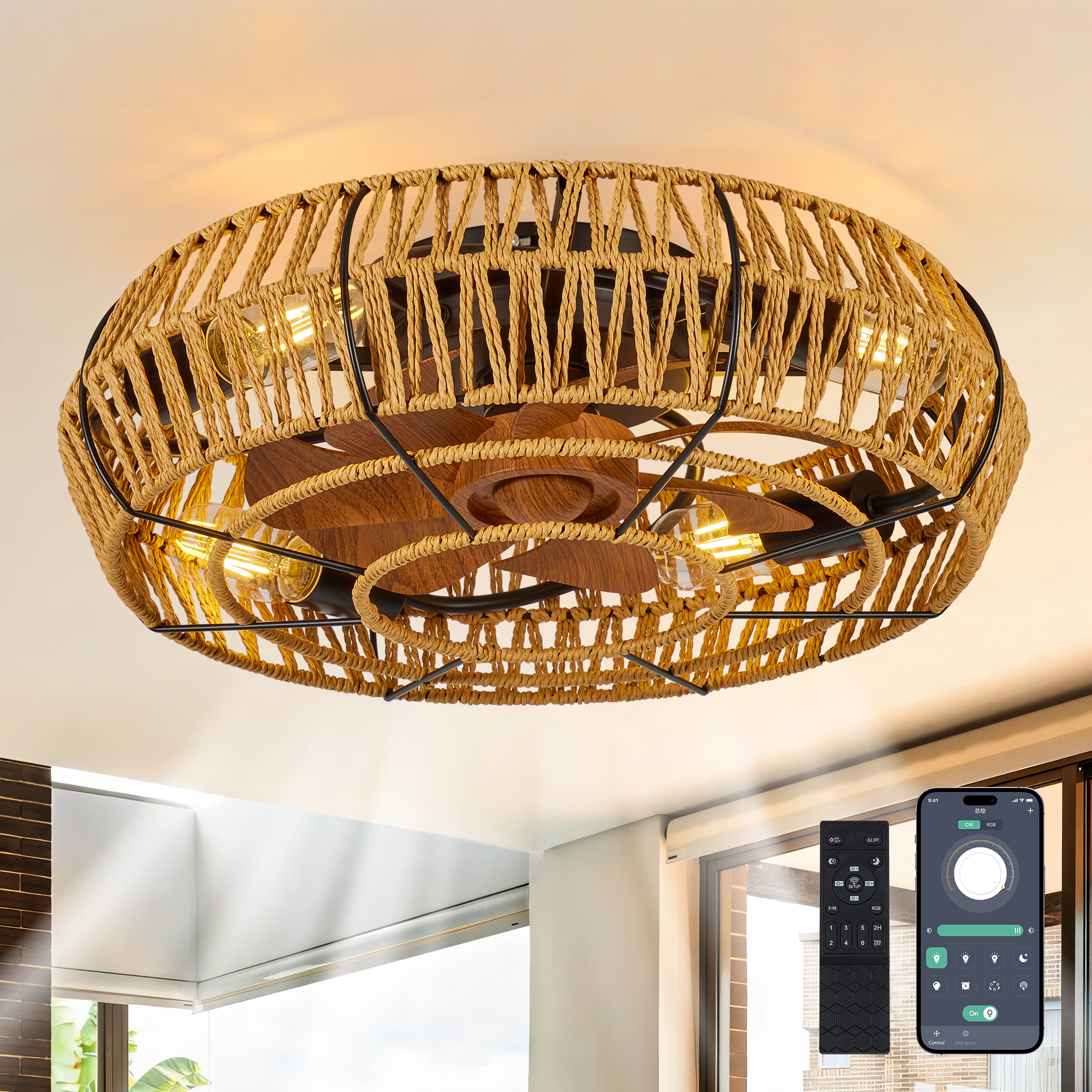 19″ Caged Ceiling Fans with Lights and Remote, Boho Flush Mount Ceiling Fan with Light, Low Profile Chandelier 6 Speed Bladeless Reversible Ceiling Fan . for Living Room Bedroom.