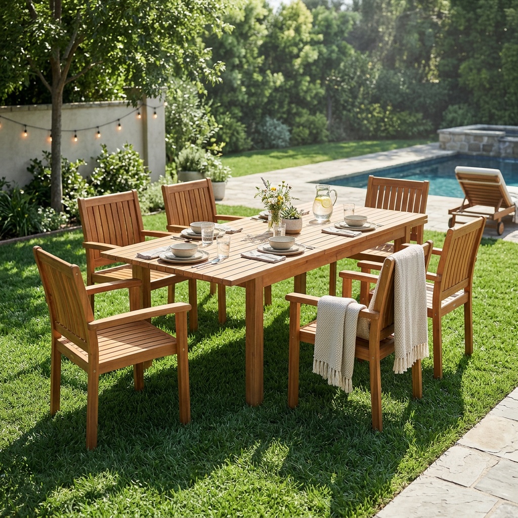 7 Pieces Acacia Wood Outdoor Dining Set s,Modern 6 Chairs 1 Large Table,Dining Furniture Set for Lawn, Backyard, Garden Deck,Poolside,Teak