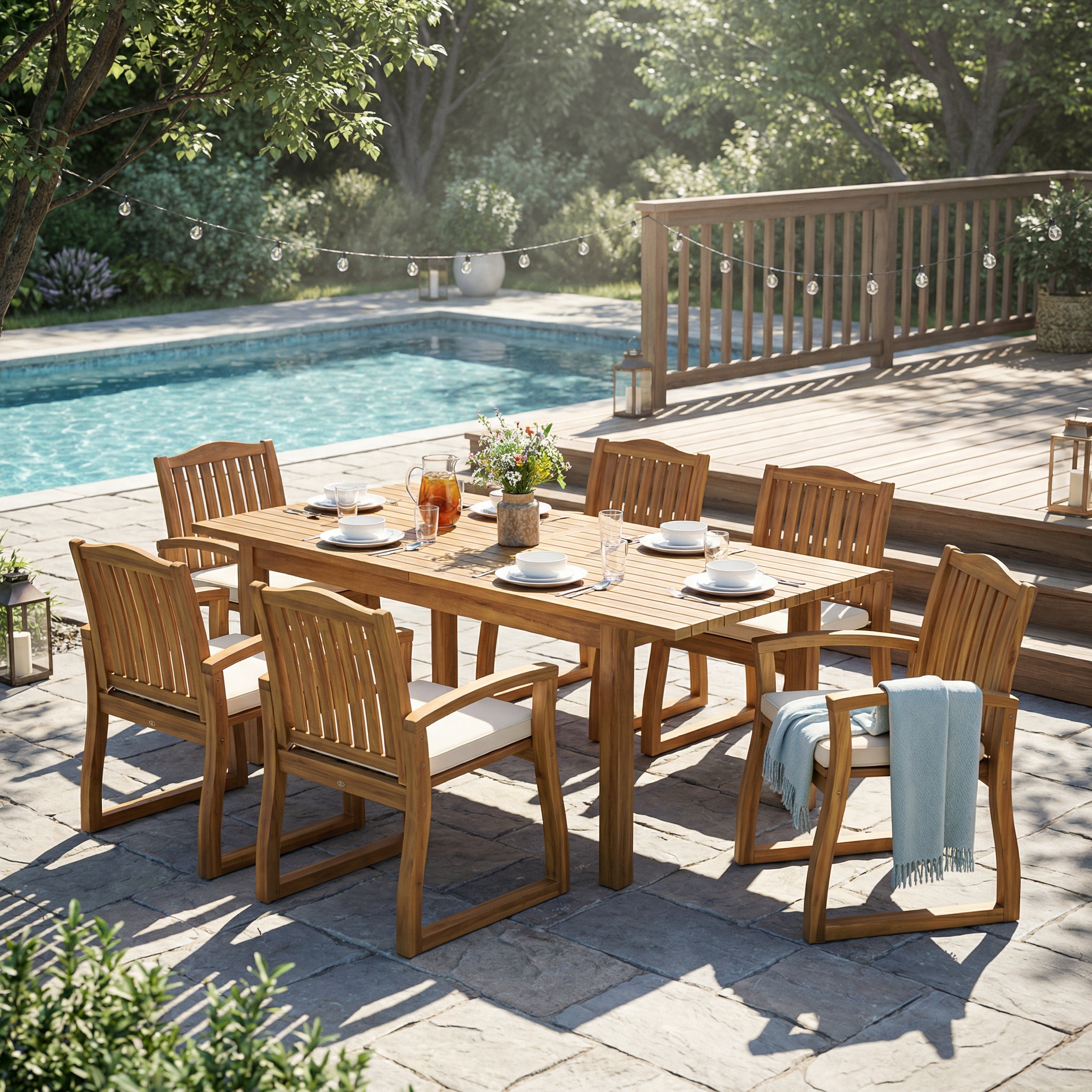 7 Pieces Acacia Wood Outdoor Dining Set with Cream Cushions,Modern 6 Chairs 1 Large Table,Dining Furniture Set for Lawn, Backyard, Garden Deck,Poolside,Teak