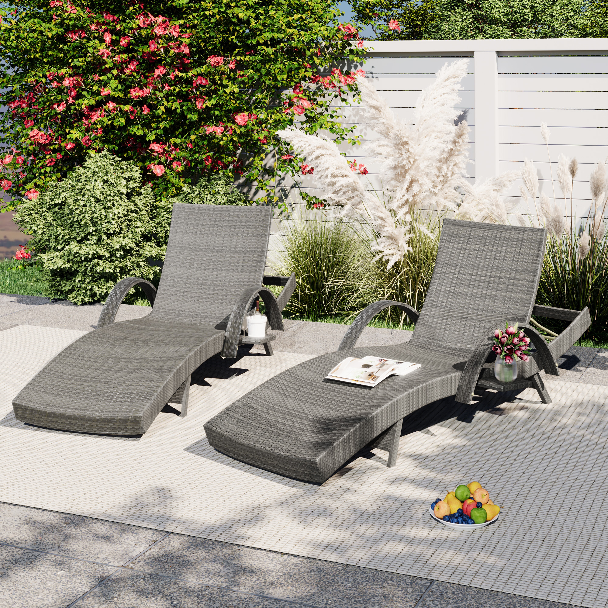 K&K 80” Outdoor Wicker Chaise Lounge Chairs Set of 2, Patio Rattan Reclining Chair Pull-out Side Table w/ 5-Level Adjustable Backrest Ergonomic Wave Design Pool Sunbathing Recliners, Grey