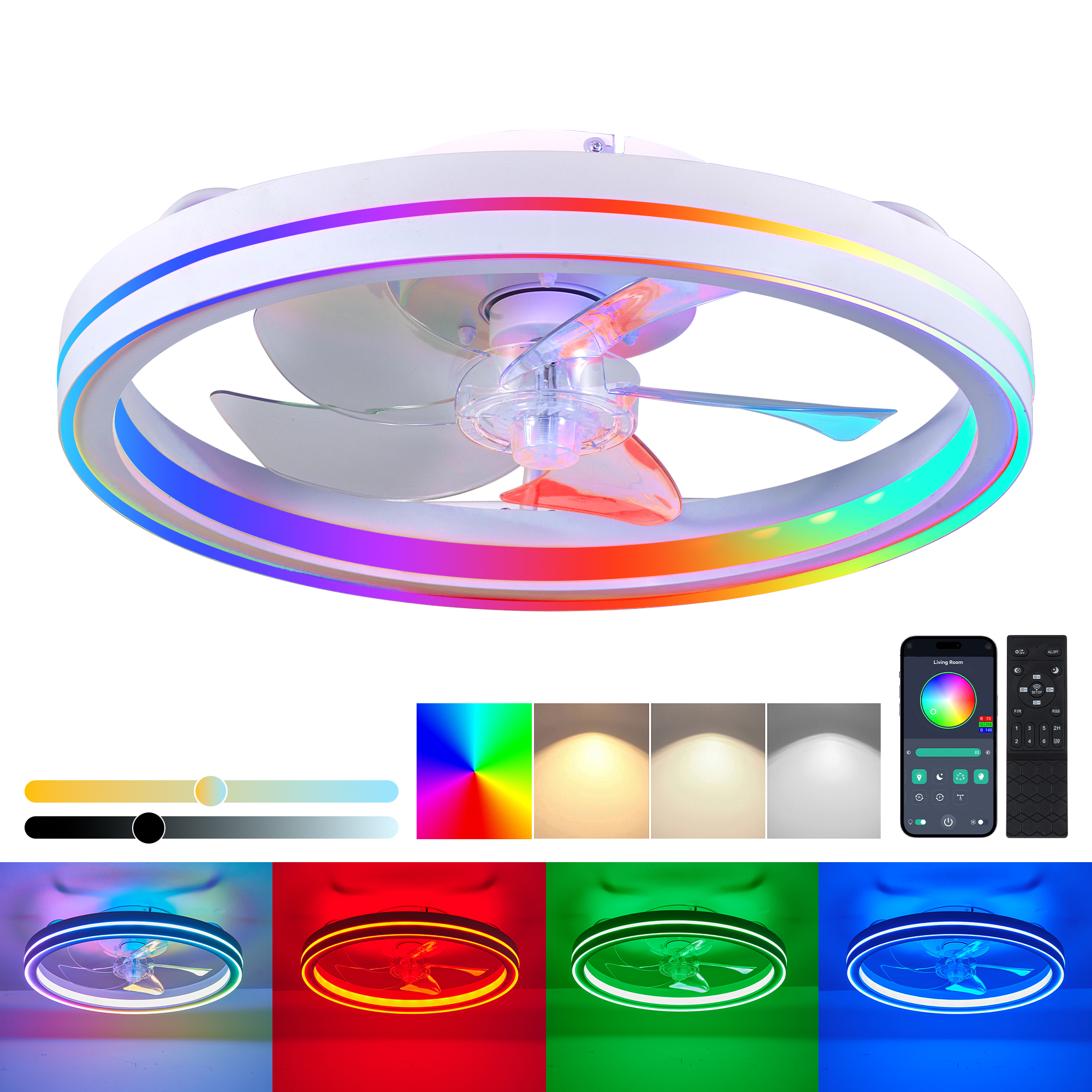 RGB Ceiling Fans with Lights, 19” Smart LED Ceiling Fan with Remote/APP Control, Modern Low Profile Bladeless Chandelier Fan, Dimmable White Fandelier for Bedroom, Living Room, Kitchen