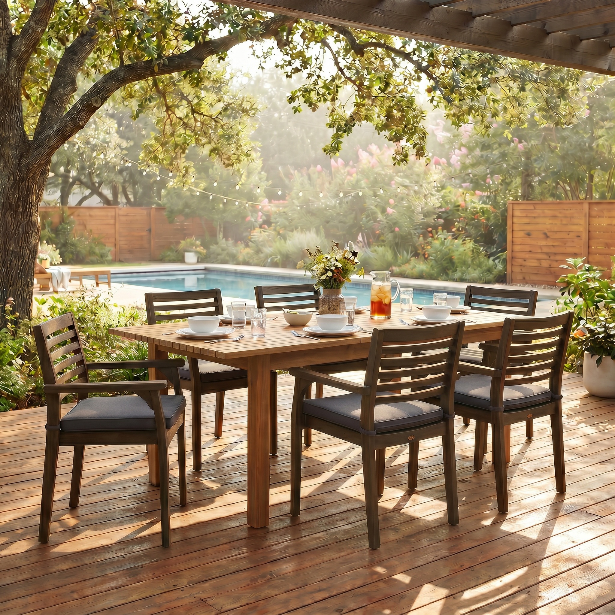 7 Pieces Acacia Wood Outdoor Dining Sets,Modern 6 Chairs 1 Large Table,Dining Furniture Set for Lawn, Backyard, Garden Deck,Poolside,Dark Grey