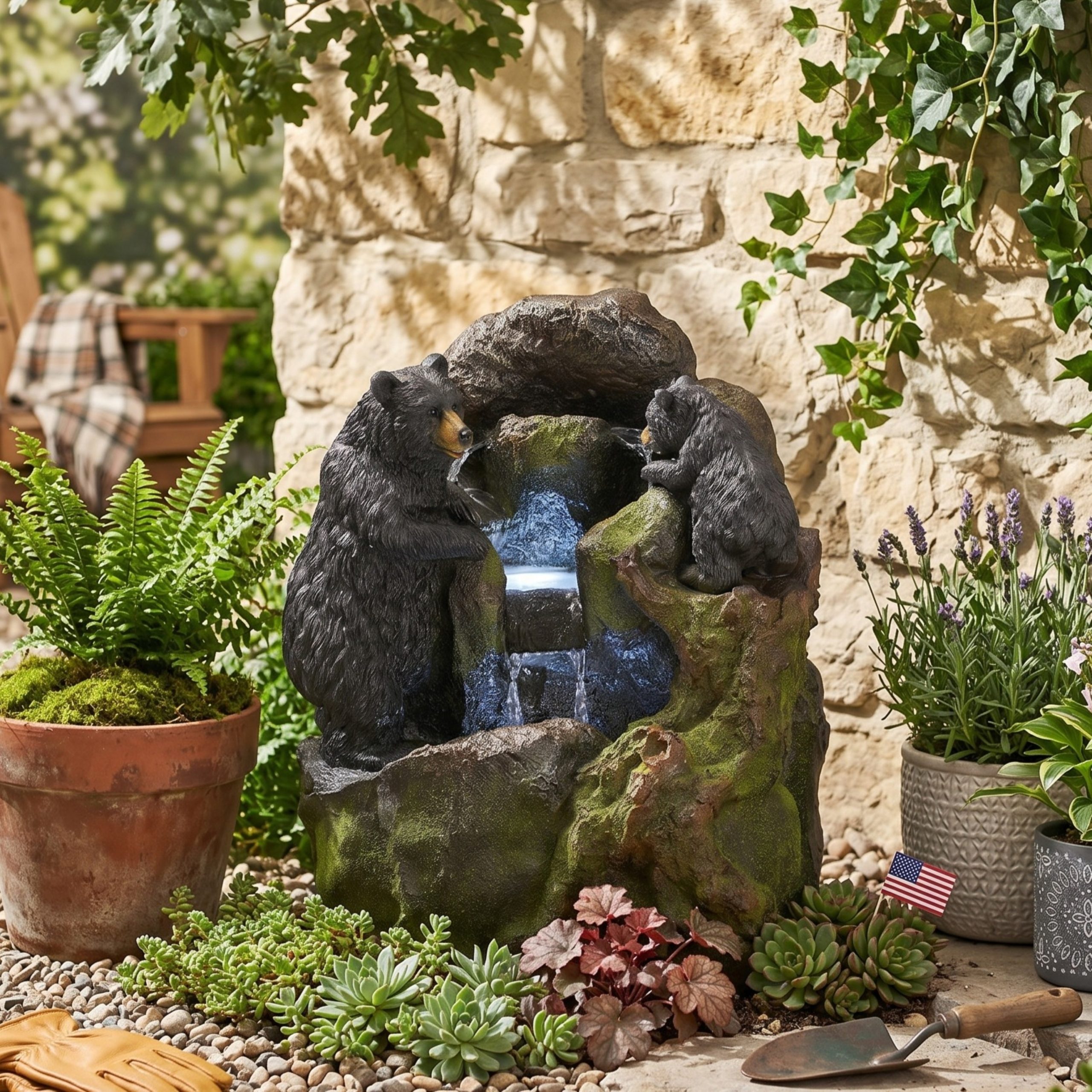 23.75″ High Hand Crafted Weather Resistant Floor Fountain, Moss + Black