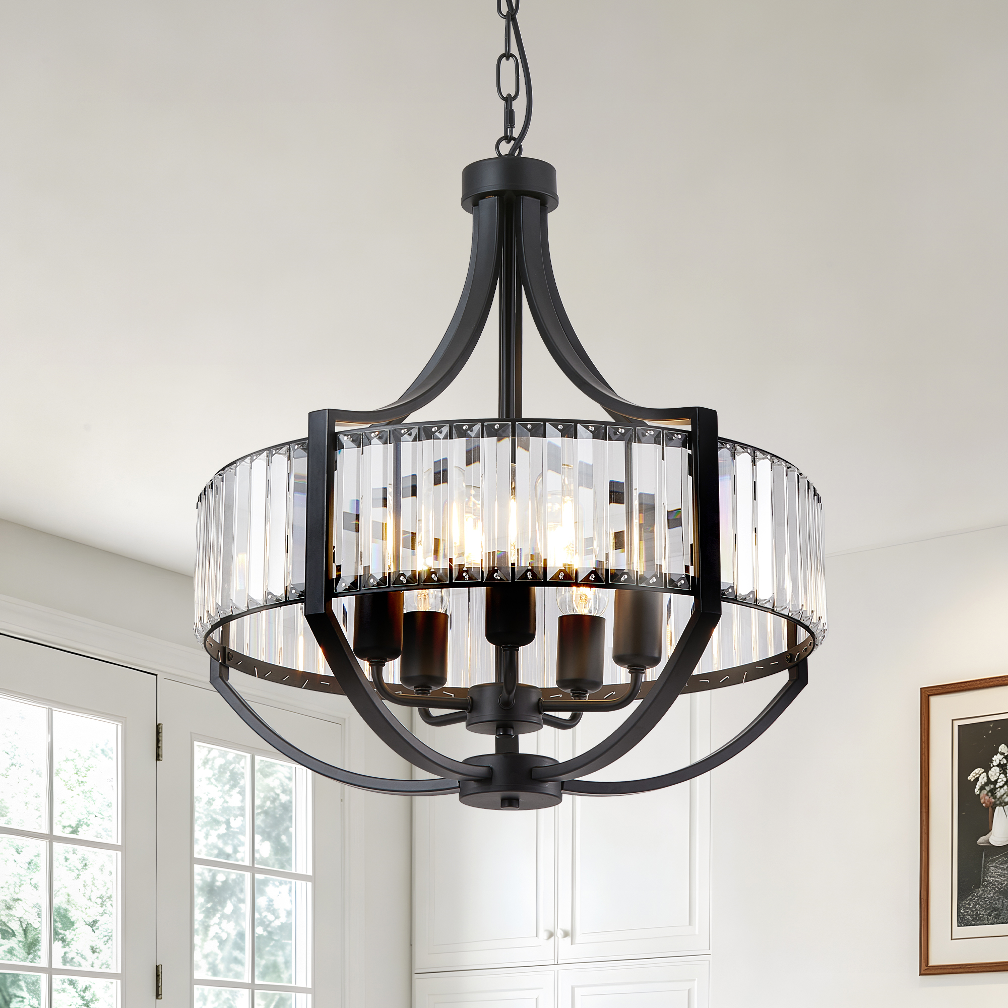20″ Modern Farmhouse Crystal Chandeliers for Dining Room, 5-Light Black Antique Pendant Chandelier, Contemporary Hanging Light Fixture for Living Room Bedroom Foyer Kitchen Island Entryway