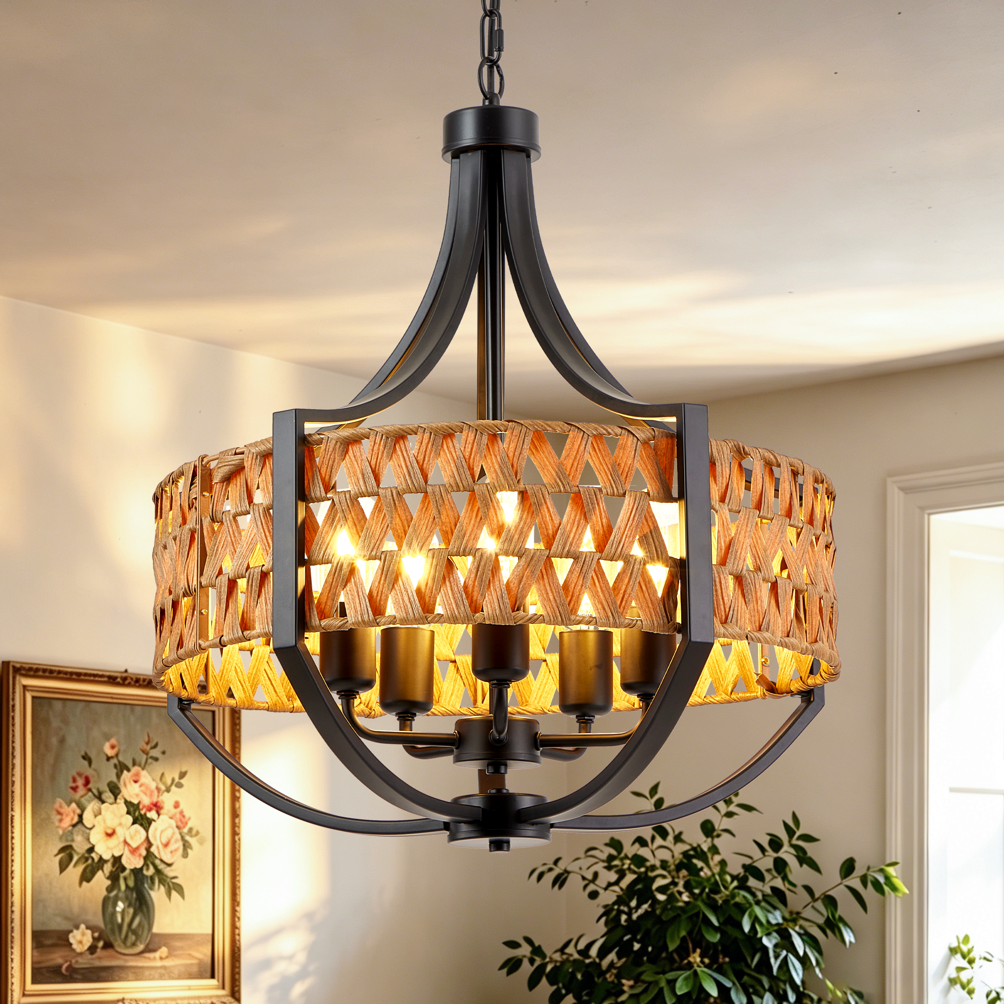 19.7″ Rattan Chandelier, 5-Light Boho Chandelier with Natural Woven Reed Shade, Black Farmhouse Hanging Ceiling Light Pendant Light for Dining Room, Living Room, Foyer, Bedroom Hallway