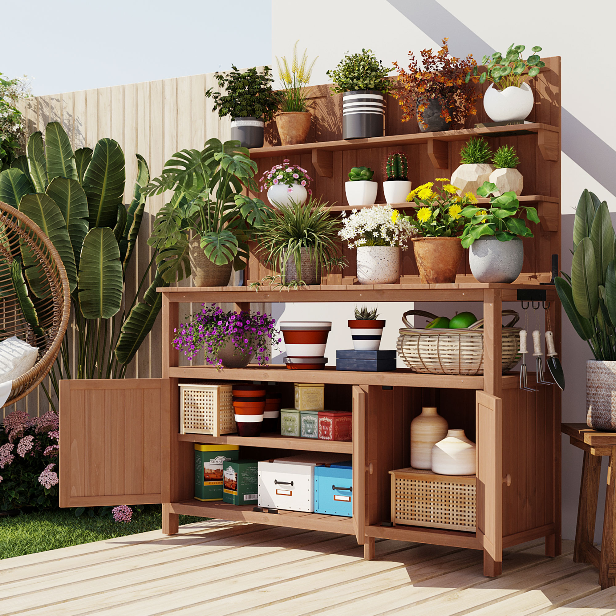 TOPMAX Potting Bench with Hutch, 50.2″ Solid Fir Wood Garden Workstation, Large Countertop, 2 Shelves, 2 Cabinets, 3 Side Hooks, Outdoor Planting Table for Gardening, Natural