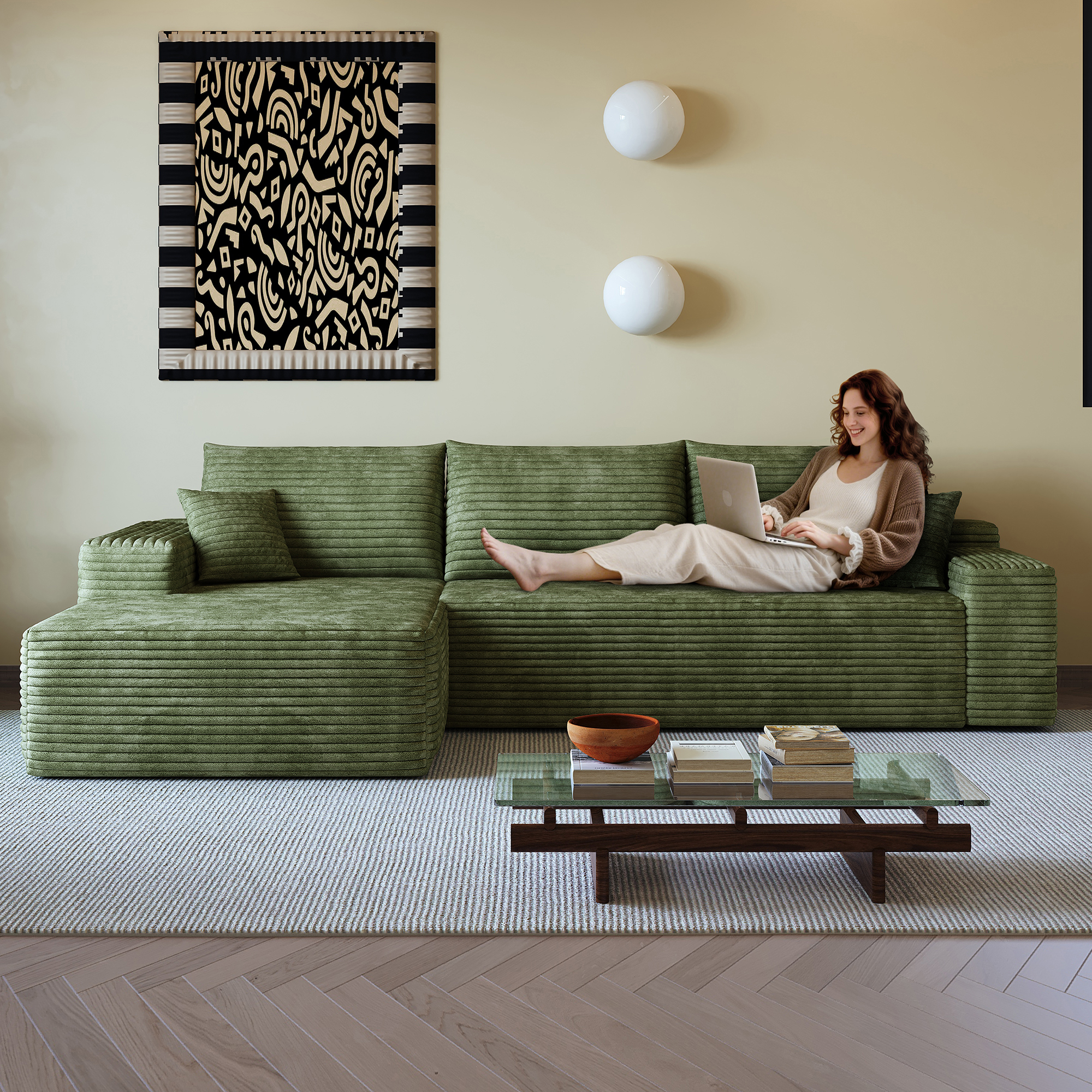 107″ Cloud Sectional Couch with L-Shape Chaise,Modern Modular Sofa with Deep Seat, Upholstered Couches for Living Room Bedroom,No Assembly Required, (Plush Corduroy Fabric),Green