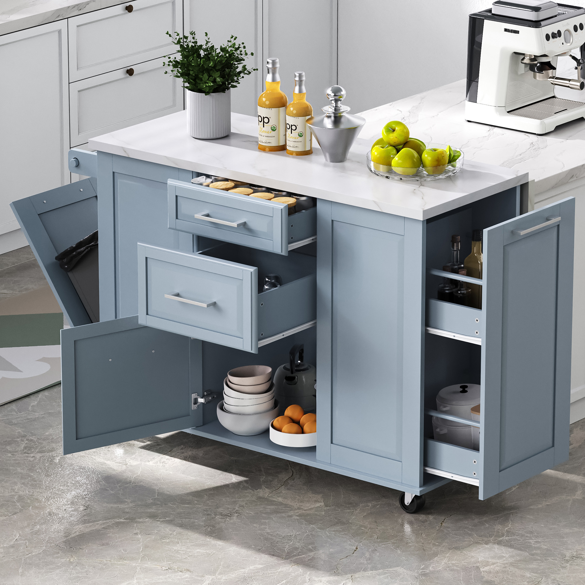 K&K 50.7″ Kitchen Island with Storage Tilt Trash Can Cabinet and Pull Out Cabinet Organizer, Rolling Kitchen Island on 5 Wheels with Drop Leaf, 2 Drawers, 1Door for Kitchen, Dining Room, Grey Blue