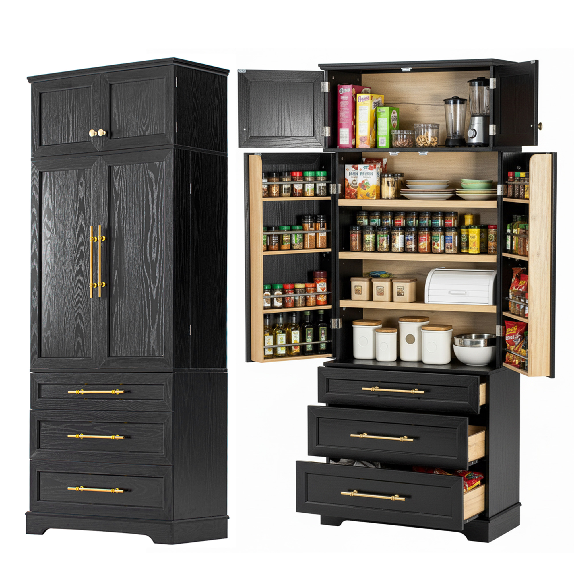 K&K 78.2″ Tall Farmhouse Kitchen Pantry Cabinet with 8 Door Shelves, Storage Cabinet with 3 Adjustable Shelves, 3 Large Drawers, Versatile Cupboard for Kitchen, Dining & Bathroom, Ash Black
