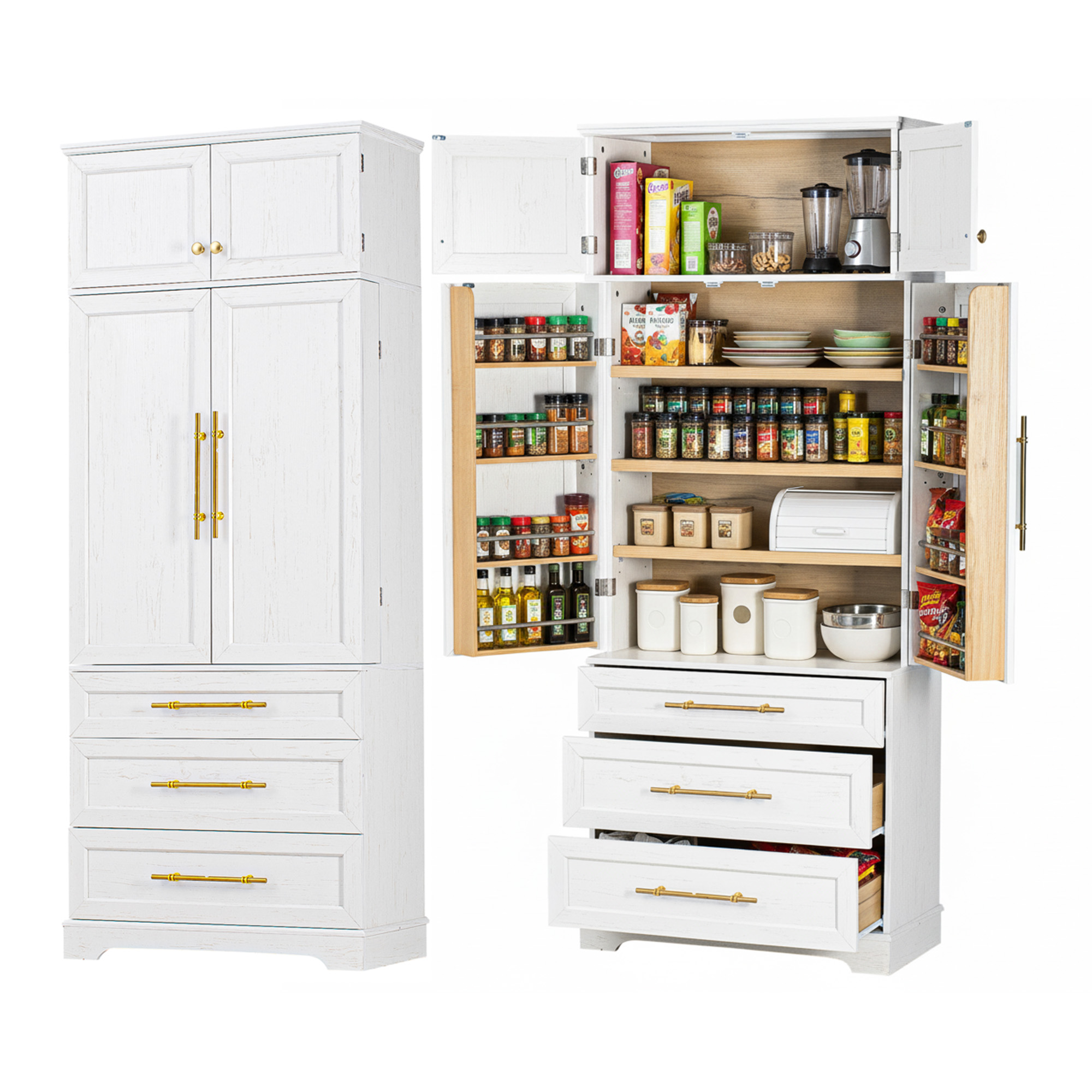 K&K 78.2″ Tall Farmhouse Kitchen Pantry Cabinet with 8 Door Shelves, Storage Cabinet with 3 Adjustable Shelves, 3 Large Drawers, Versatile Cupboard for Kitchen, Dining & Bathroom, Retro White