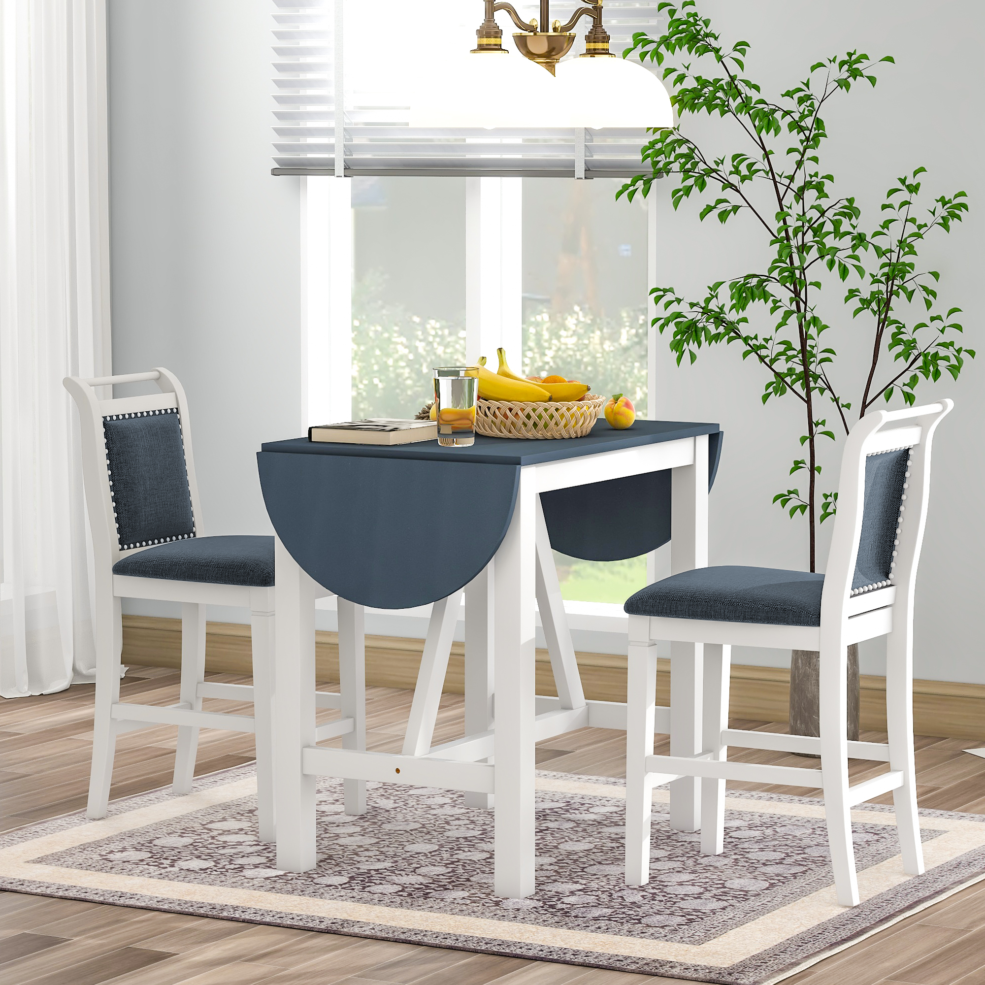 TOPMAX 3-Piece Wood Counter Height Drop Leaf Dining Table Set with 2 Upholstered Dining Chairs for Small Place, White