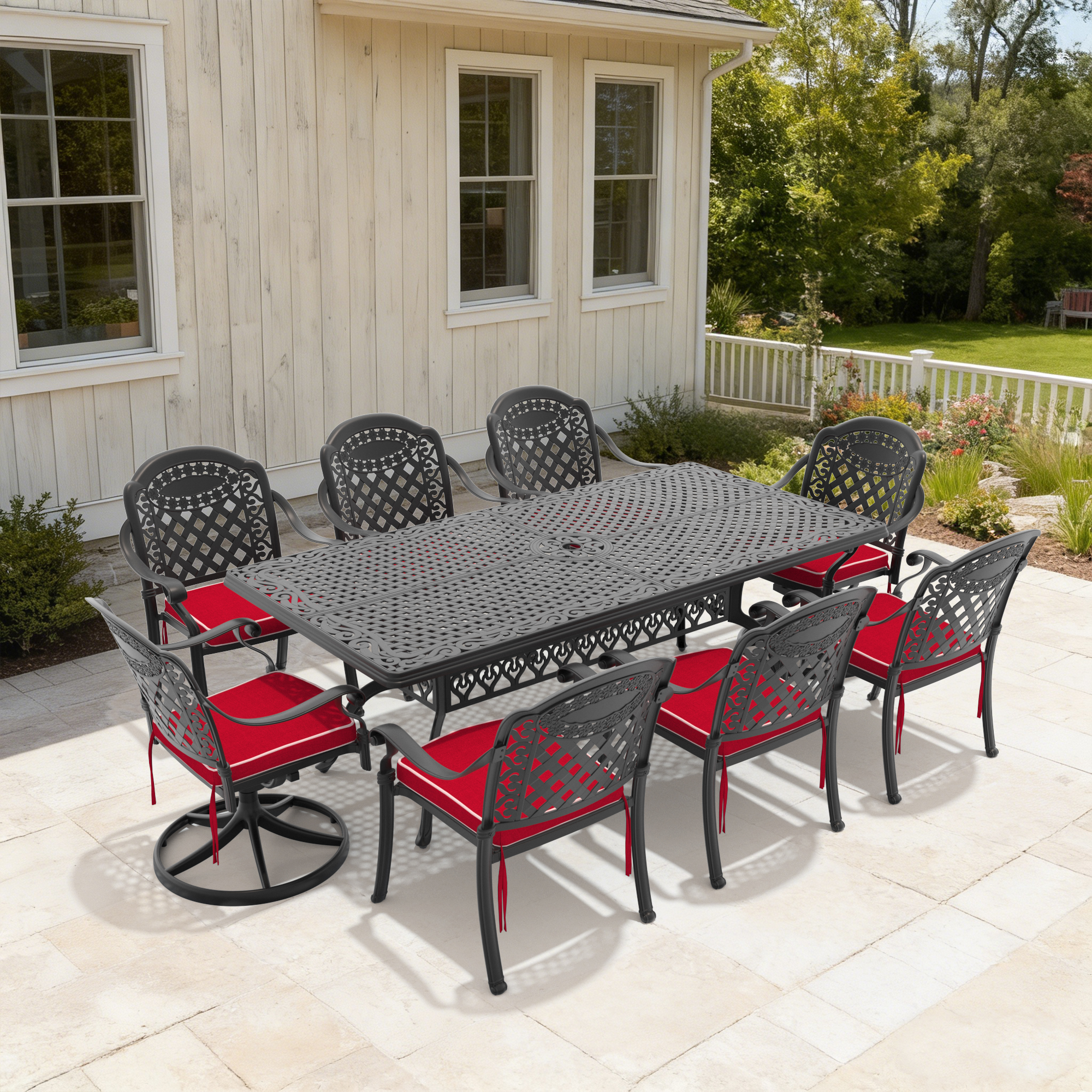 9-Piece All-Weather Cast Aluminum Dining Set, Include 2 Swivel Chairs,6 Dining Chairs and Rectangular Table With Black Frame