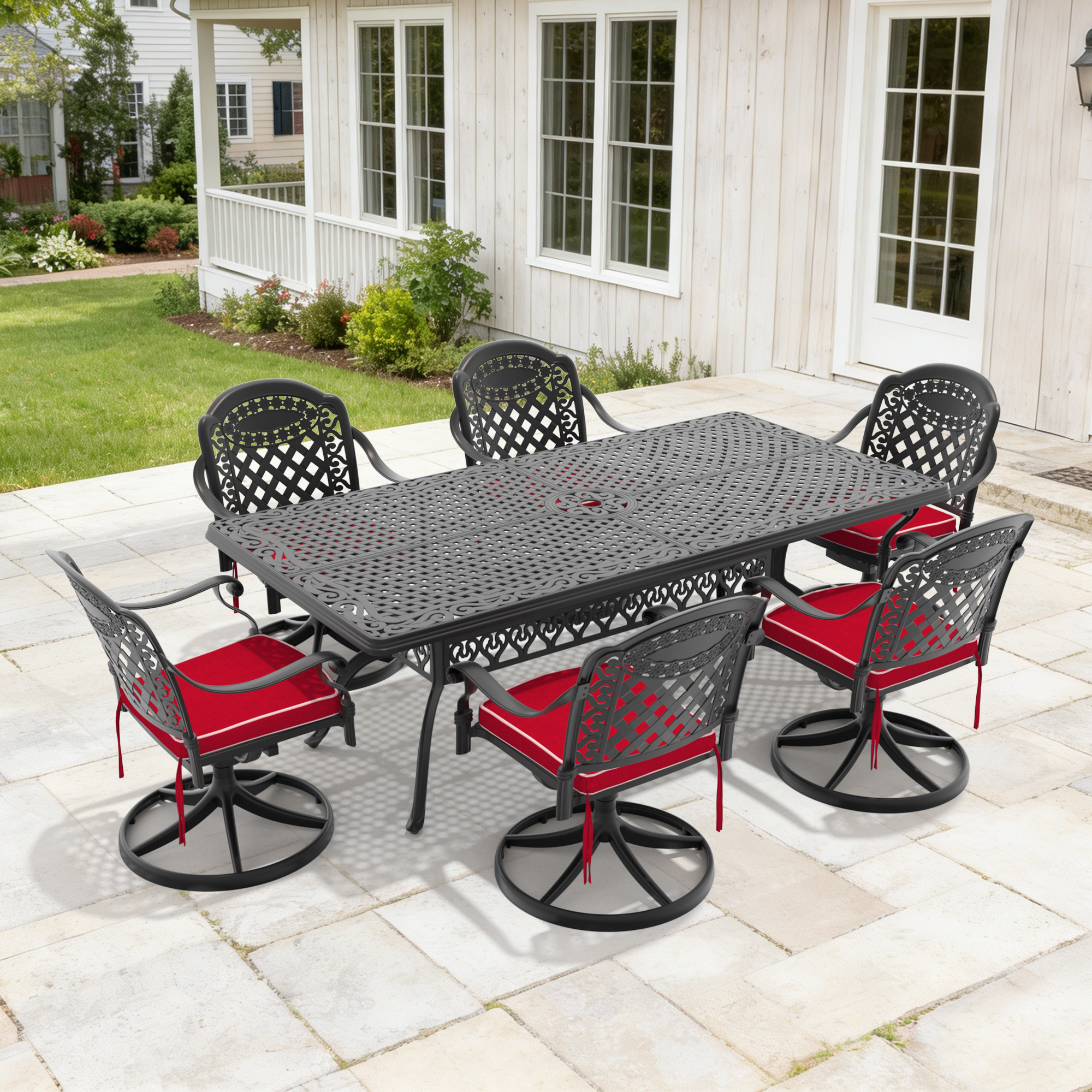 7-Piece All-Weather Cast Aluminum Dining Set, Include 6 Swivel Chairs and Rectangular Table With Black Frame