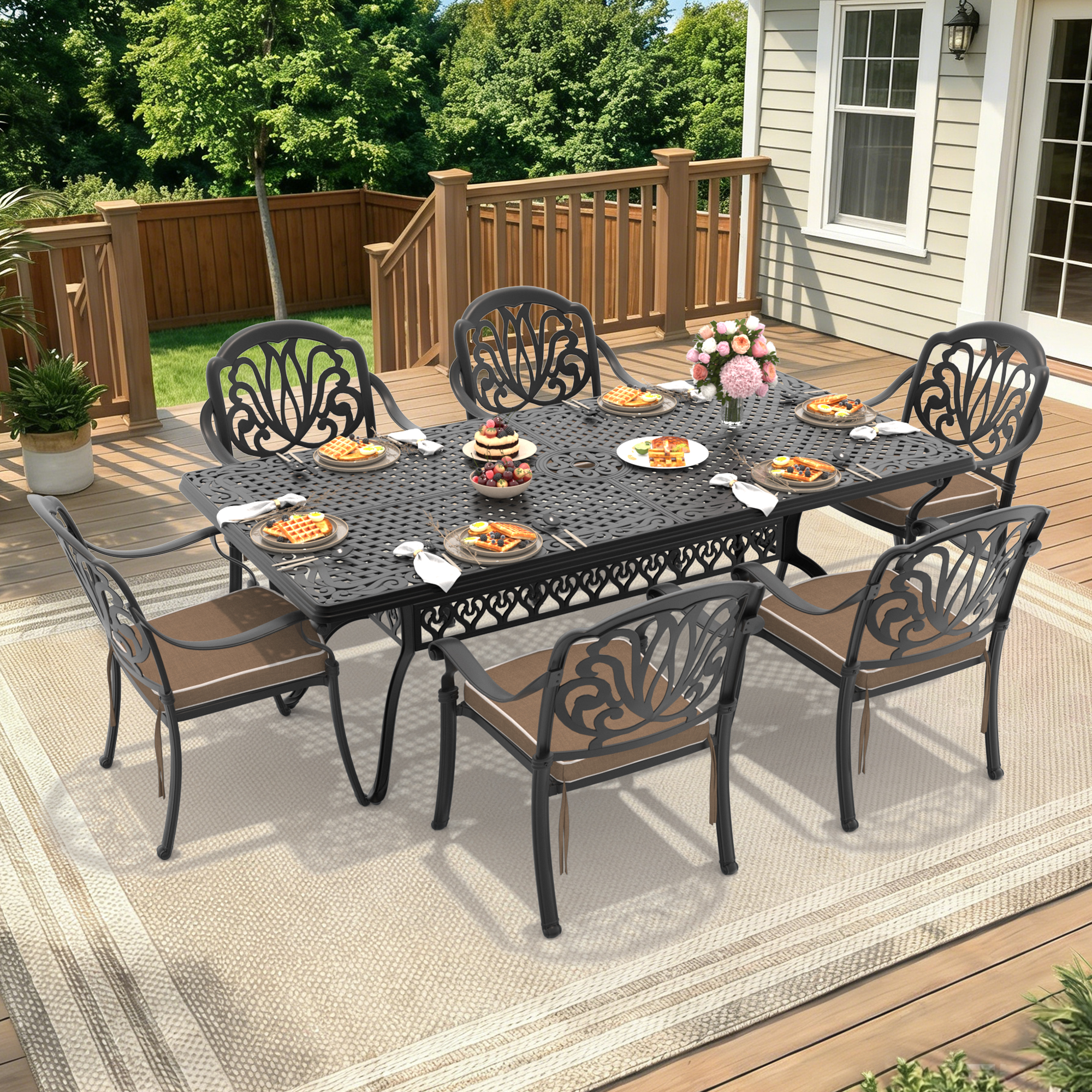7-Piece Set Of Cast Aluminum Patio Furniture With Brown Cushions (same as:W1710S00498 , W1710S00169)