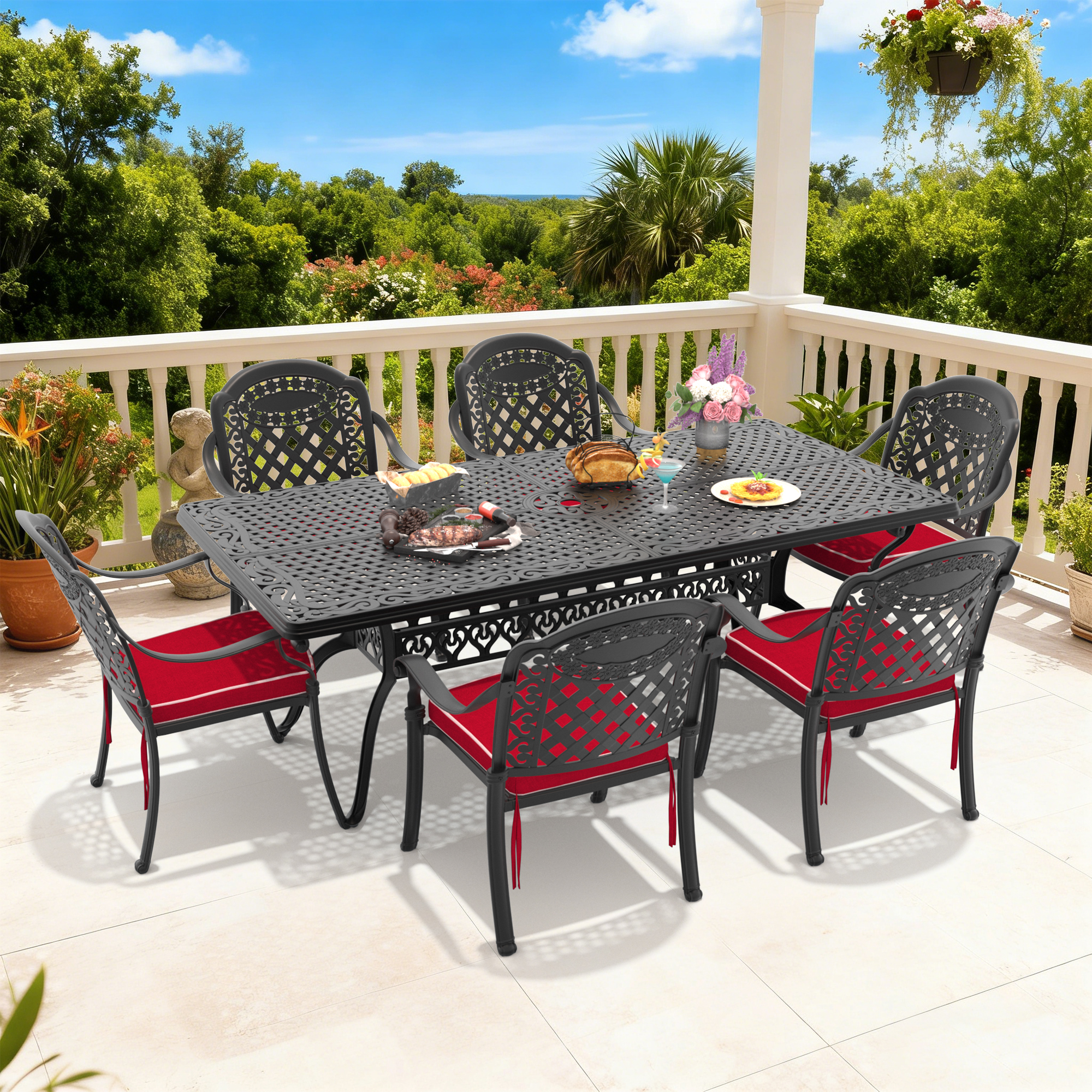 7-Piece Set Of Cast Aluminum Patio Furniture With Red Cushions (same as:W1710S00606 ,W1710S00171)