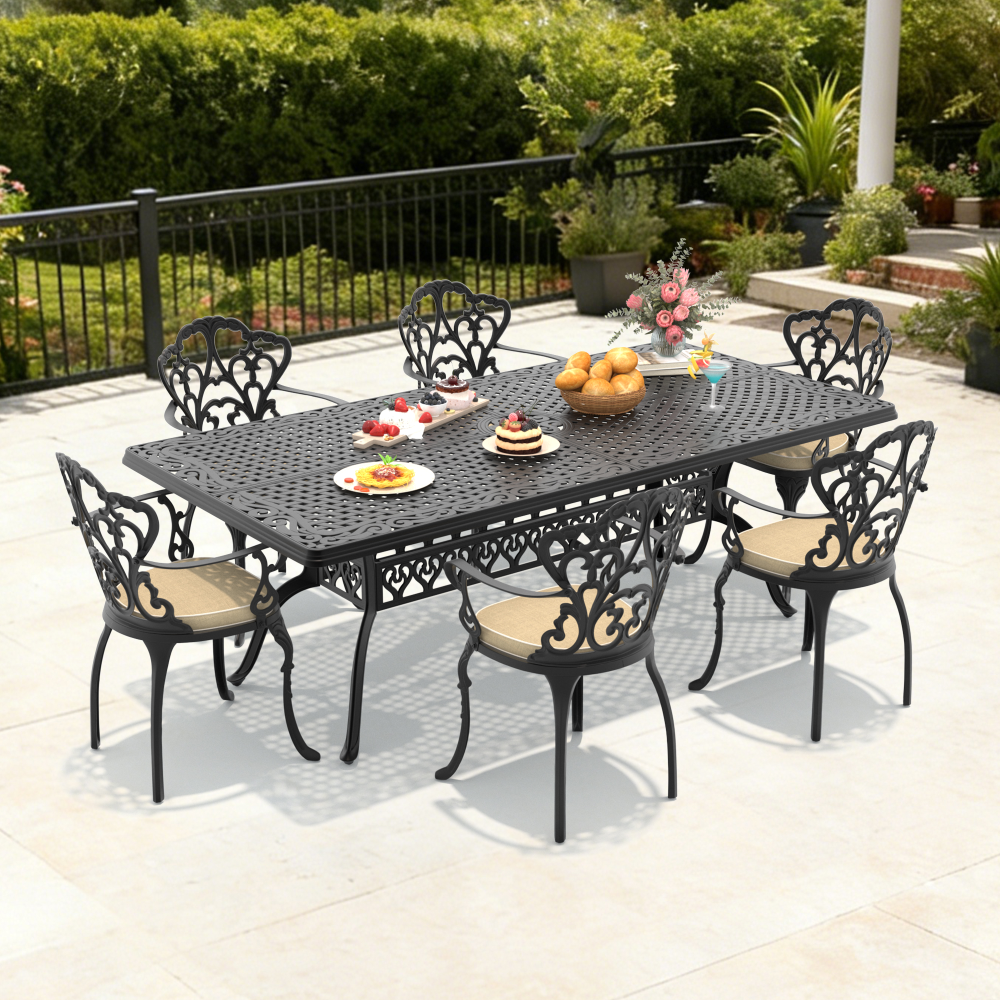 7-Piece Set Of Cast Aluminum Patio Furniture With Off-white Seat Cushions(same as W1710S00607 , W1710S00409)