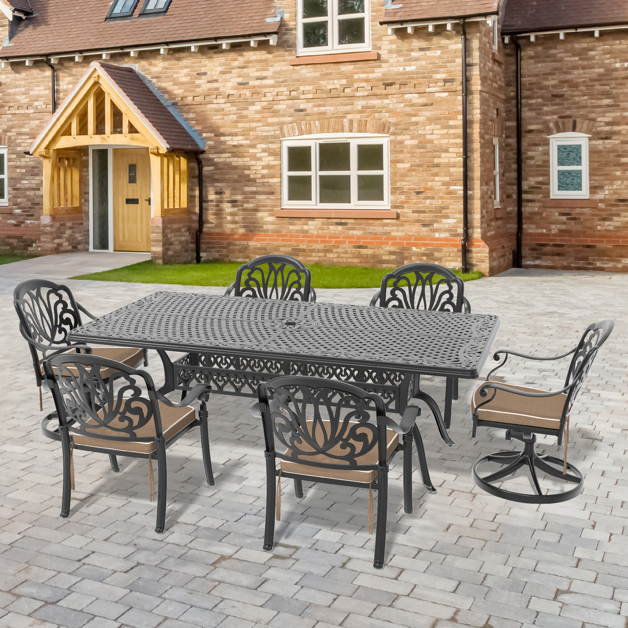 7-Piece All-Weather Cast Aluminum Dining Set, Include 2 Swivel Chairs,4 Dining Chairs and Rectangular Table With Black Frame