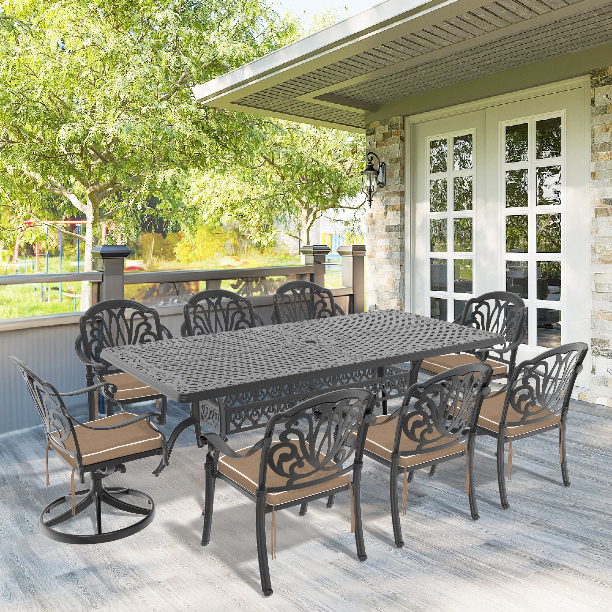 9-Piece All-Weather Cast Aluminum Dining Set, Include 2 Swivel Chairs,6 Dining Chairs and Rectangular Table With Black Frame (same as:W1710S00477 , W1710S00382)