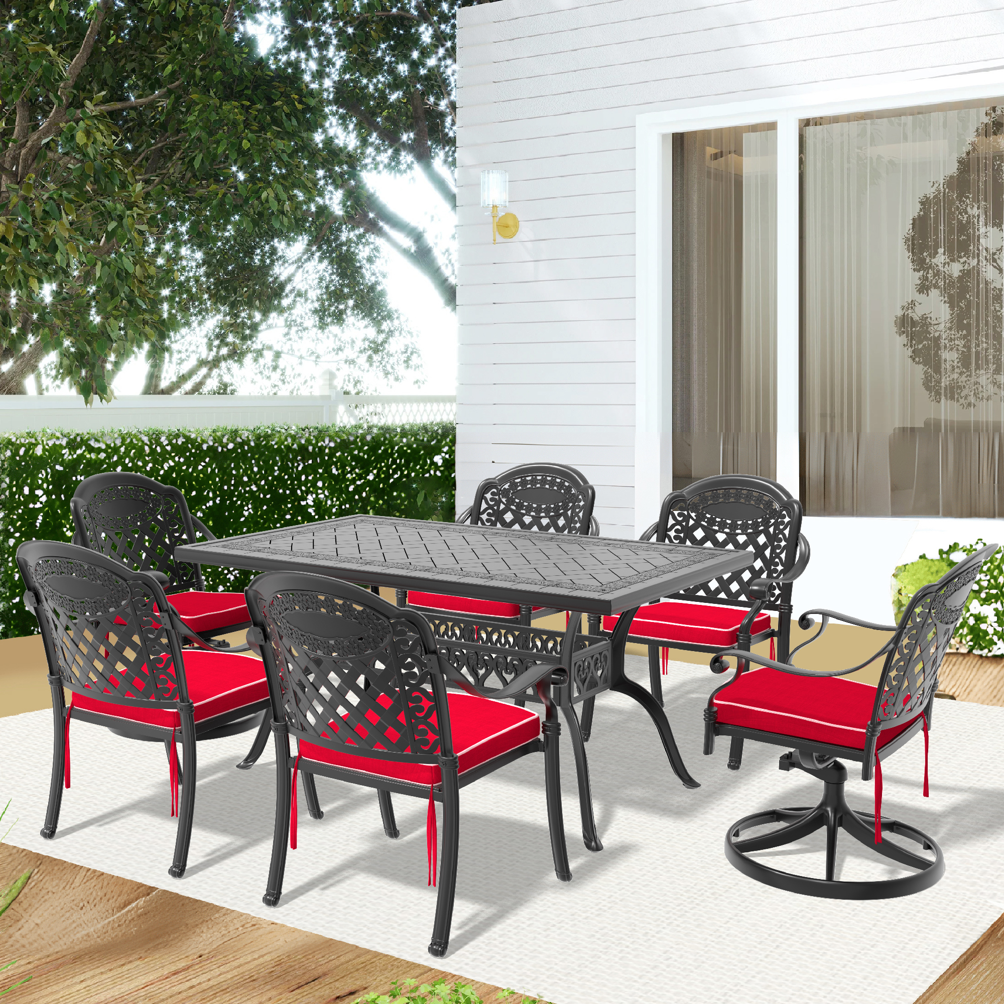 7-Piece All-Weather Cast Aluminum Dining Set, Include 2 Swivel Chairs,4 Dining Chairs and Rectangular Table With Black Frame