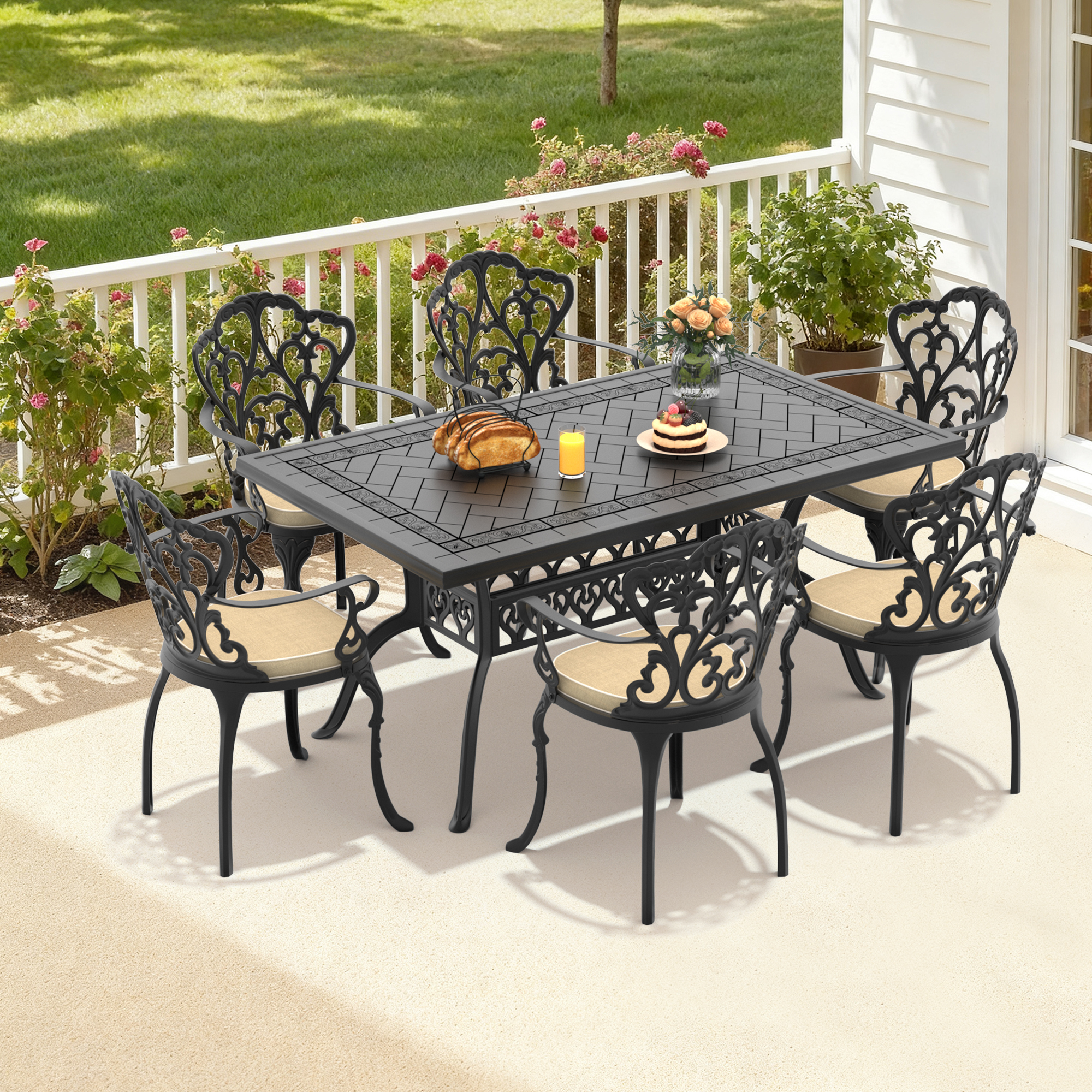 7-Piece Set Of Cast Aluminum Patio Furniture With Off-white Cushions (same as:W1710S00577 ,W1710S00401)