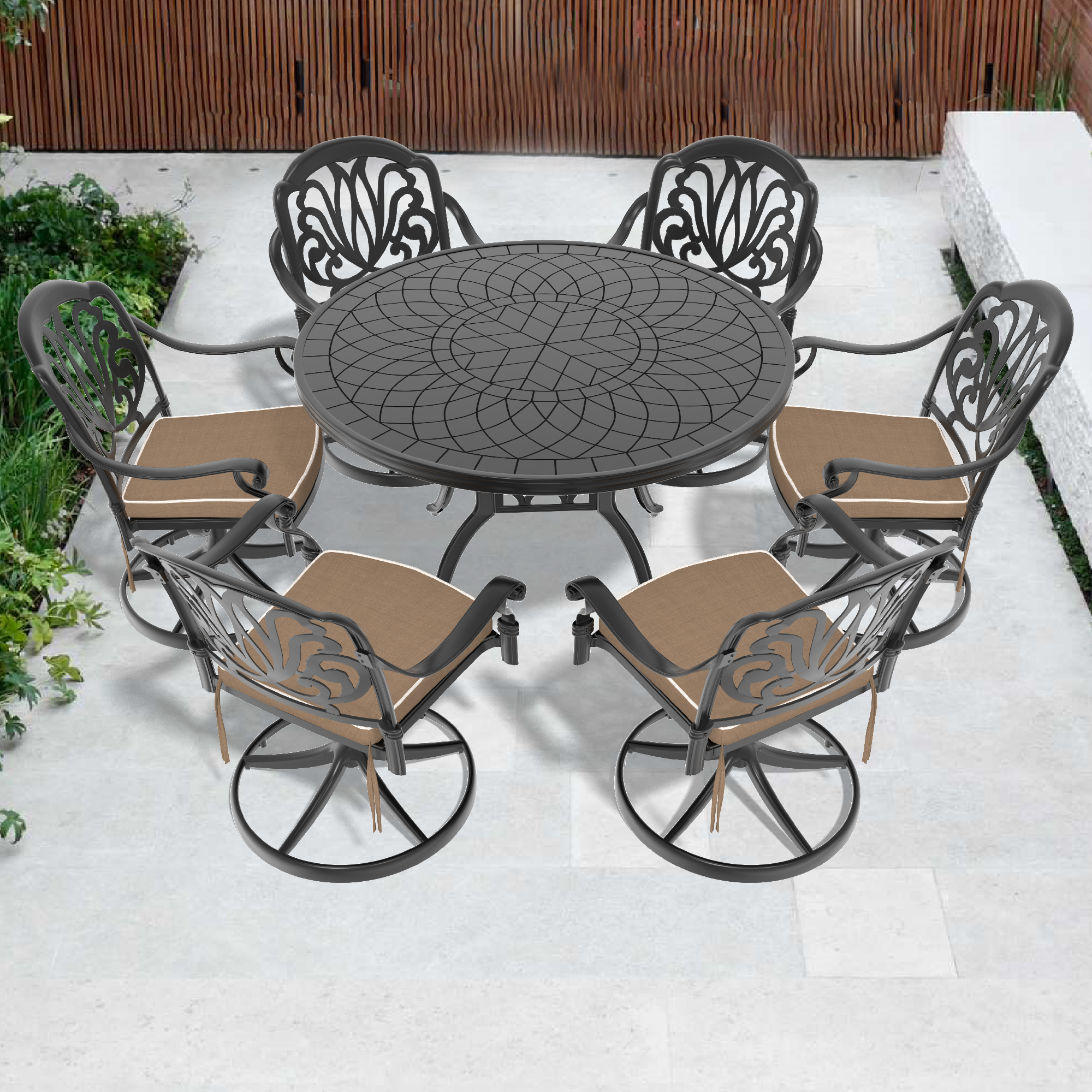 7-Piece All-Weather Cast Aluminum Dining Set, Include 6 Swivel Chairs and 47.24″ Round Table With Black Frame (same sku:W1710S00273)