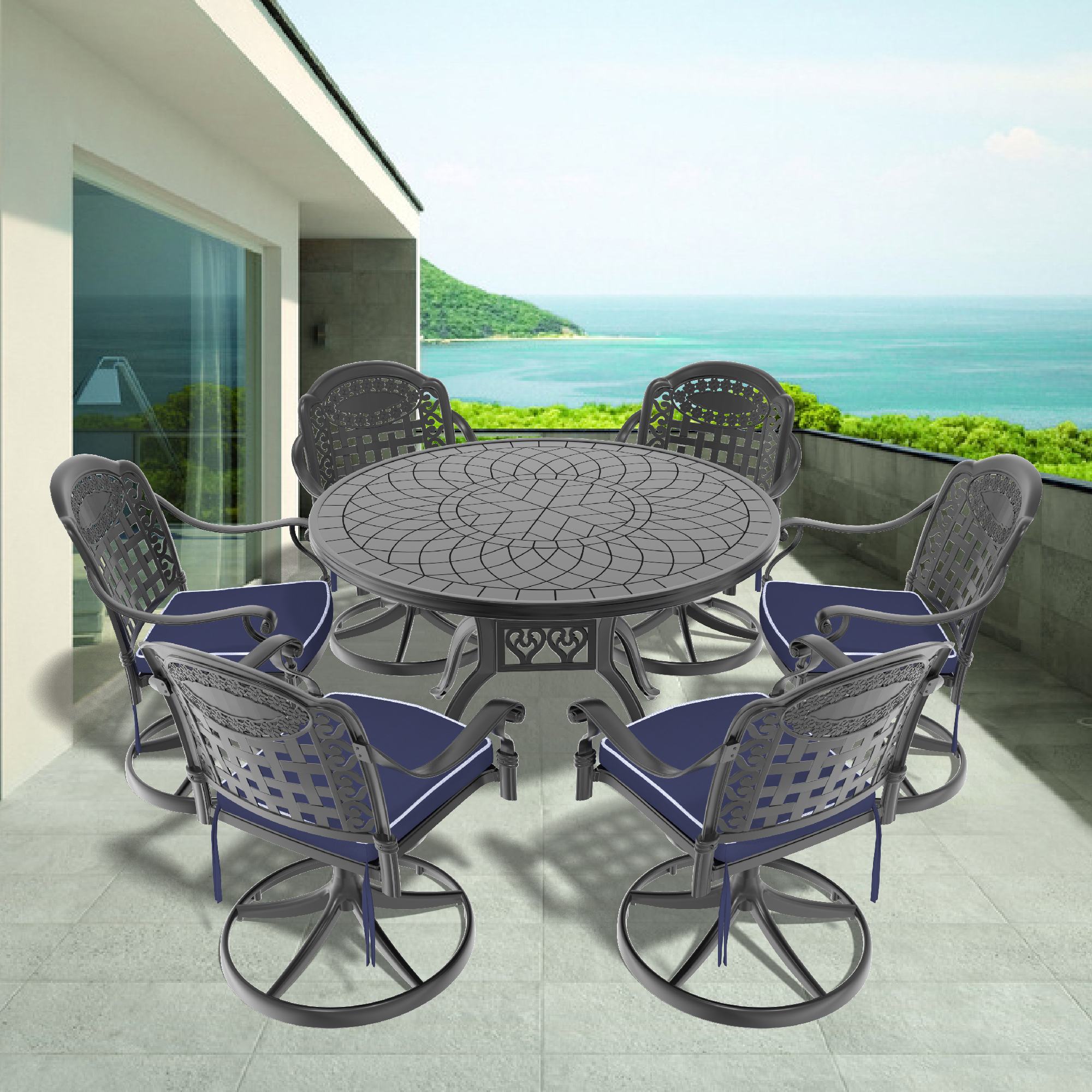 7-Piece All-Weather Cast Aluminum Dining Set, Include 6 Swivel Chairs and 47.24″ Round Table With Black Frame (same sku:W1710S00346)