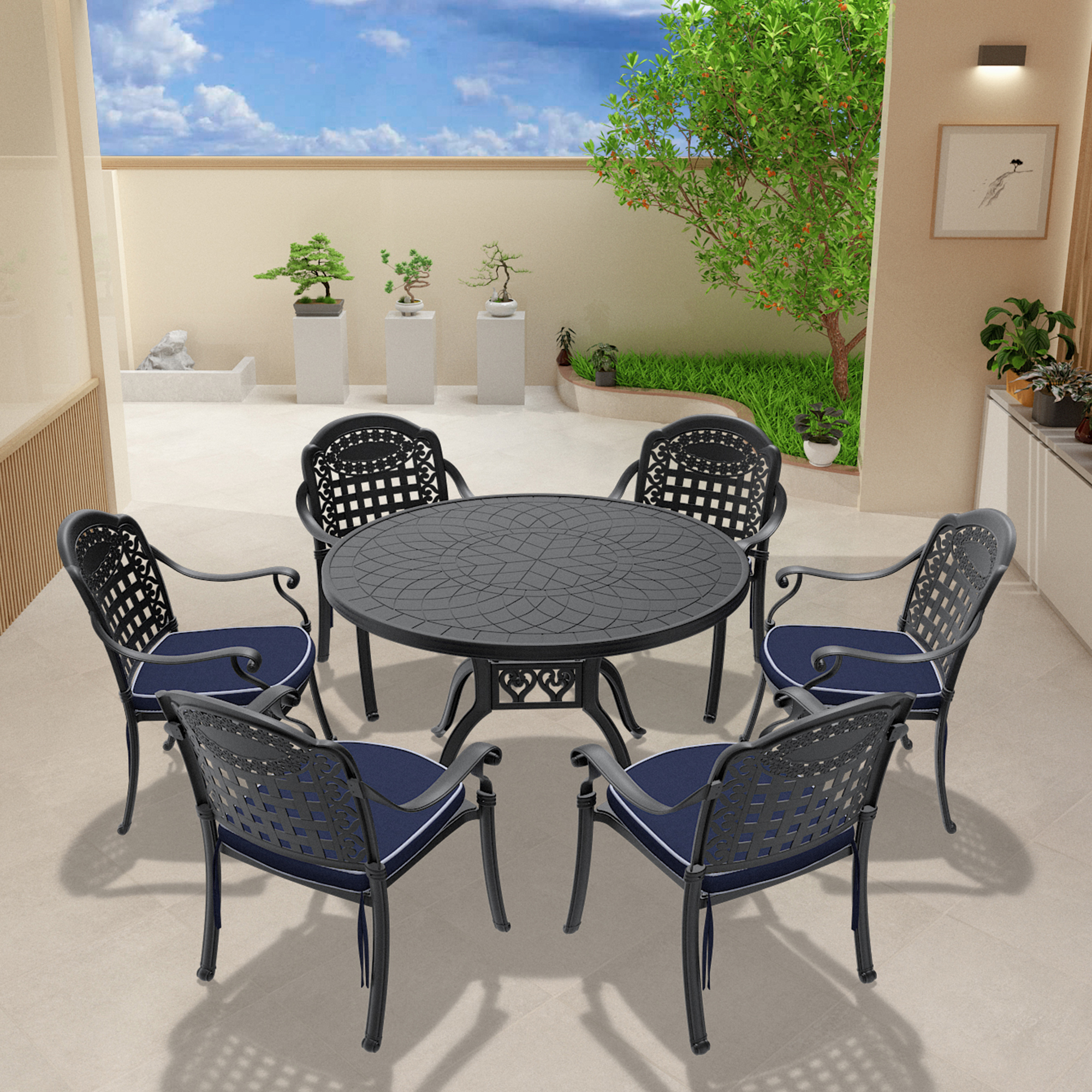 7-Piece Set Of Cast Aluminum Patio Furniture With Blue Cushions (same as: W1710S00560 ,W1710S00076)