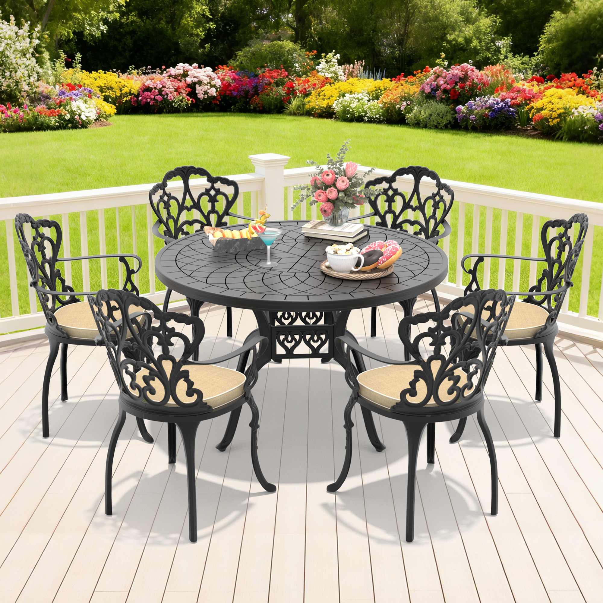 7-Piece Set Of Cast Aluminum Patio Furniture With Off-white Cushions (same as:W1710S00561 ,W1710S00398)