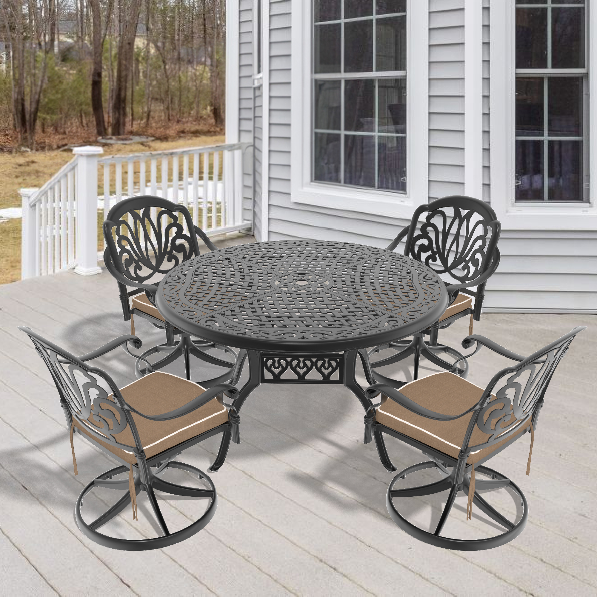 5-Piece All-Weather Cast Aluminum Dining Set, Include 4 Swivel Chairs and 48.03″ Round Table With Black Frame (same sku: W1710S00277 )