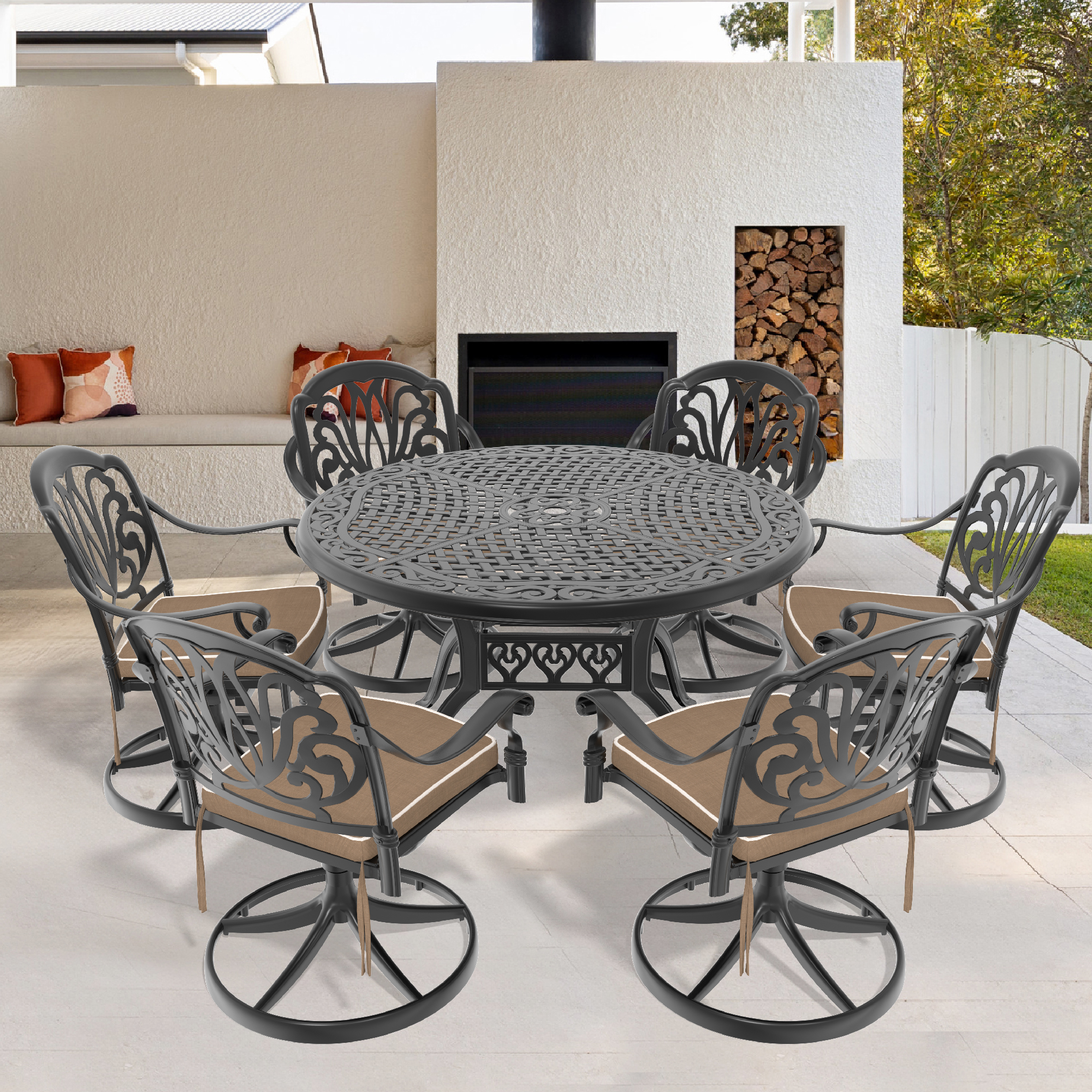 7-Piece All-Weather Cast Aluminum Dining Set, Include 6 Swivel Chairs and 48.03″ Round Table With Black Frame (same sku: W1710S00278 )