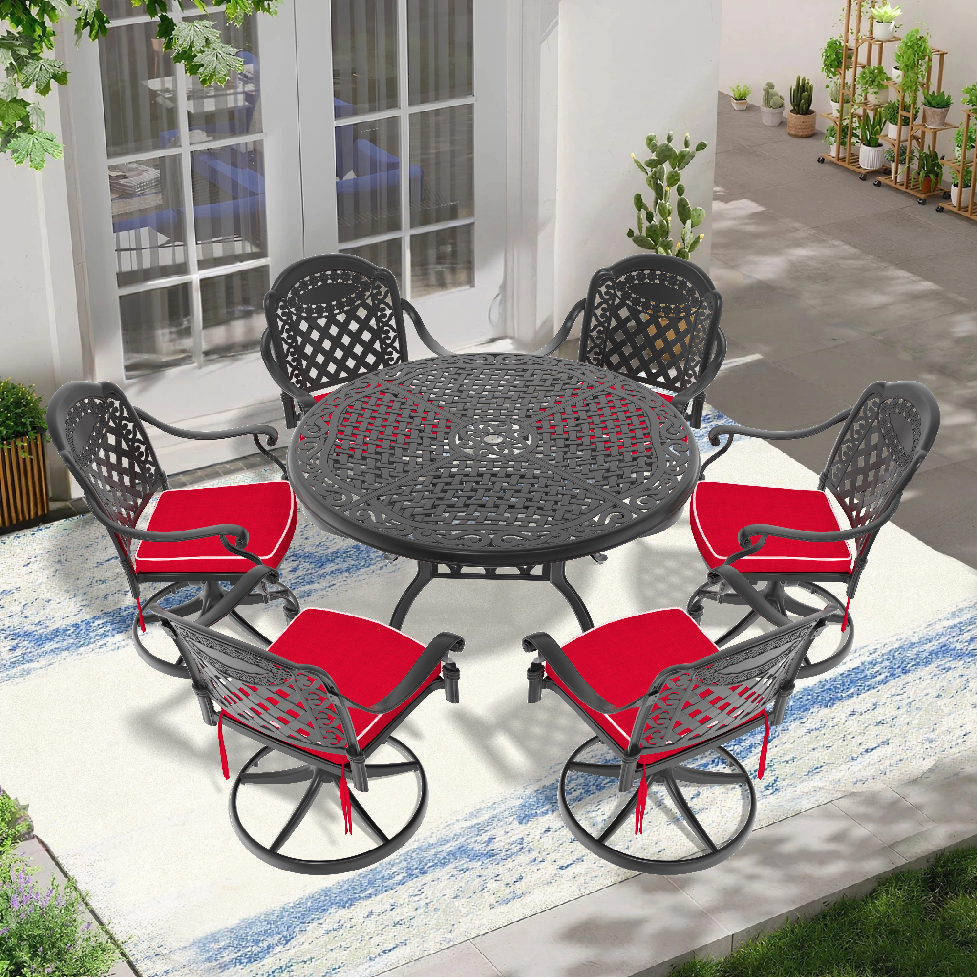 7-Piece All-Weather Cast Aluminum Dining Set, Include 6 Swivel Chairs and 48.03″ Round Table With Black Frame (same sku: W1710S00442)