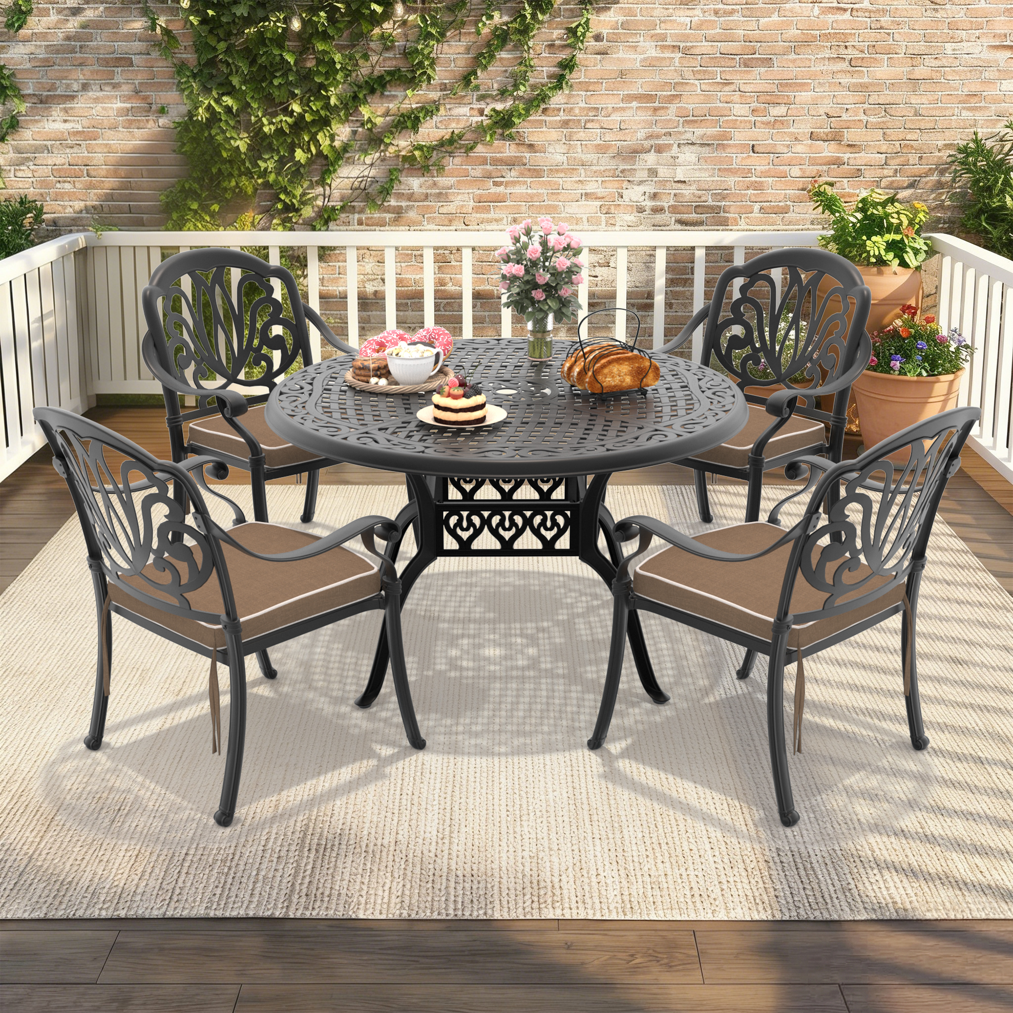 5-Piece Set Of Cast Aluminum Patio Furniture With Black Frame and Brown Seat Cushions(same sku: W1710S00139)