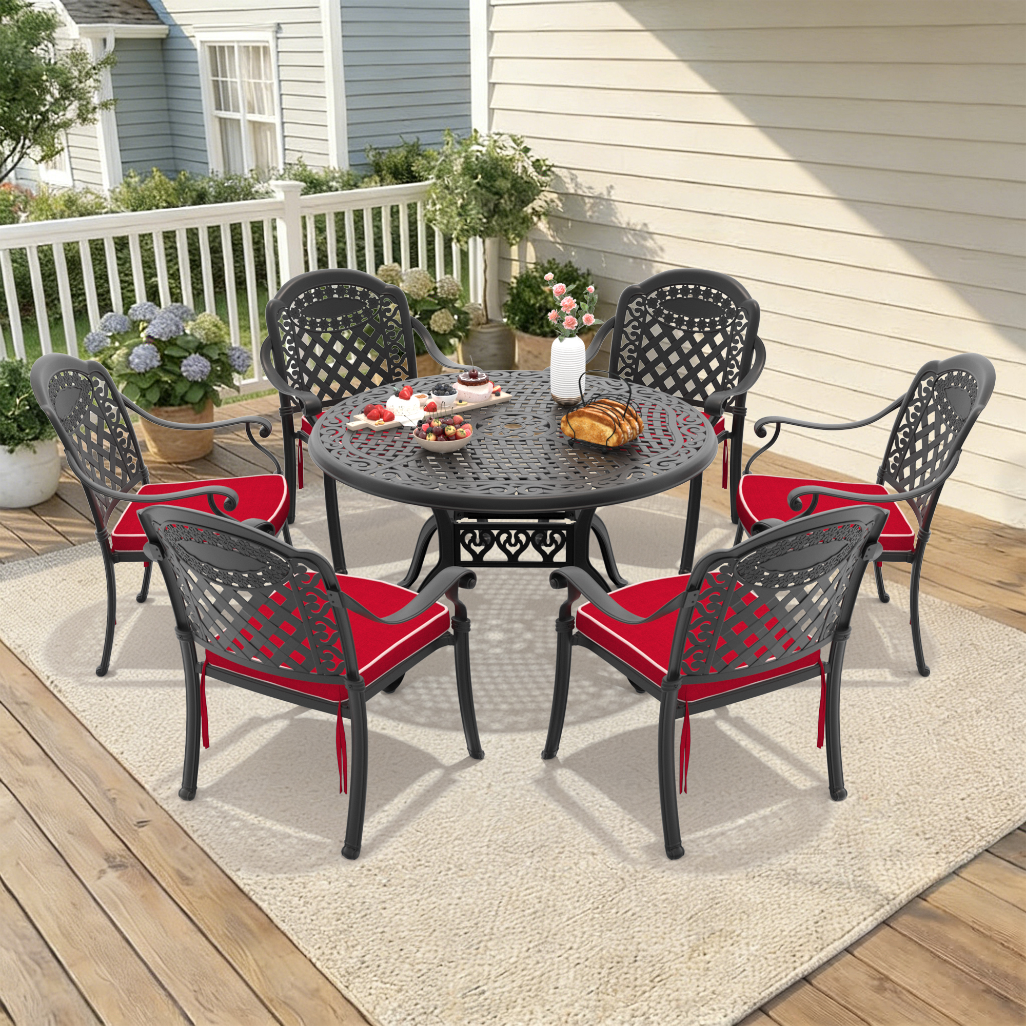 7-Piece Set Of Cast Aluminum Patio Furniture With Red Cushions (same as:W1710S00554 ,W1710S00142)