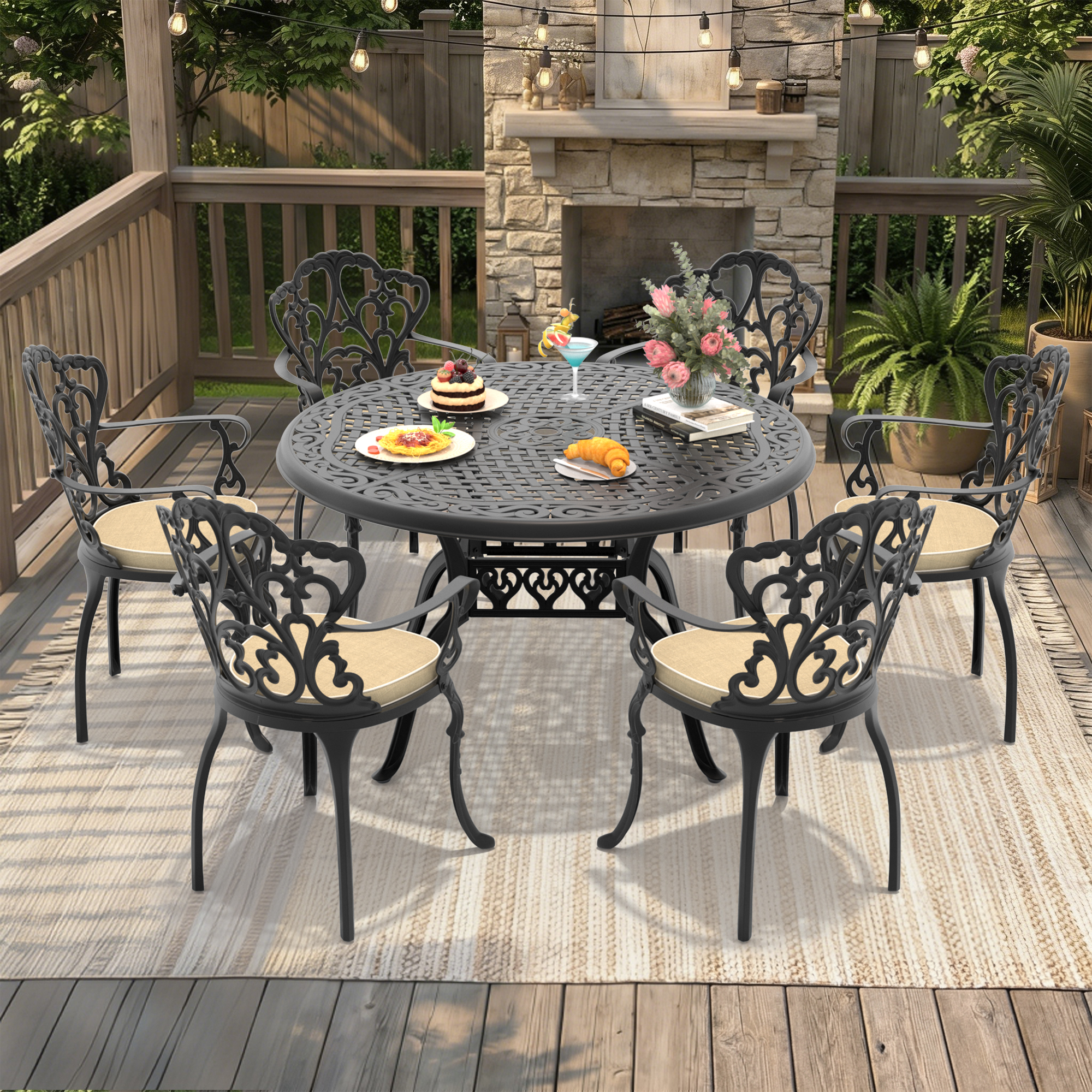 7-Piece Set Of Cast Aluminum Patio Furniture With Off-white Seat Cushions(same as W1710S00397 , W1710S00555)