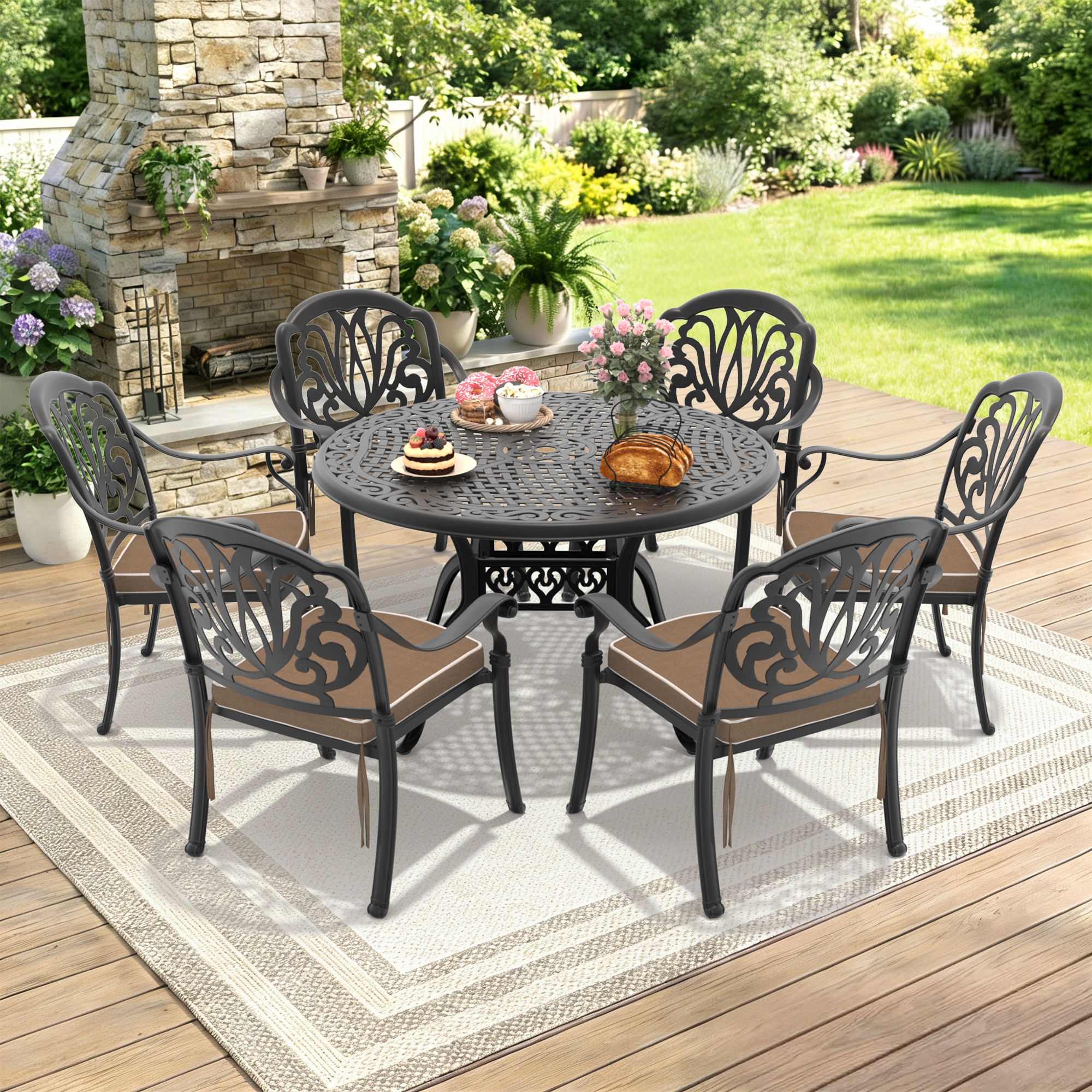 7-Piece Set Of Cast Aluminum Patio Furniture With Brown Cushions (same as:,W1710S00621 , W1710S00140)