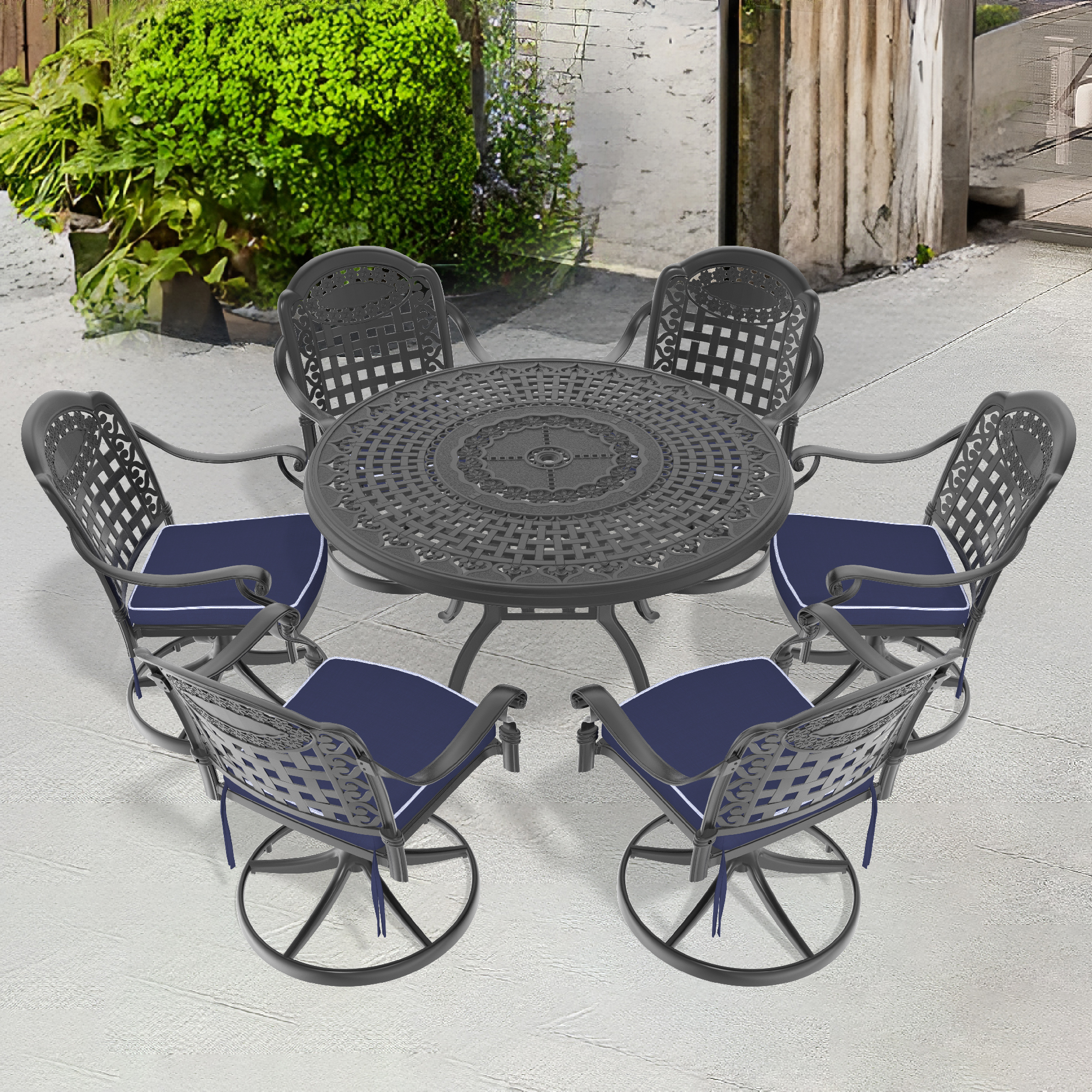 7-Piece All-Weather Cast Aluminum Dining Set, Include 6 Swivel Chairs and 47.24″ Round Table With Black Frame (same sku:W1710S00344)