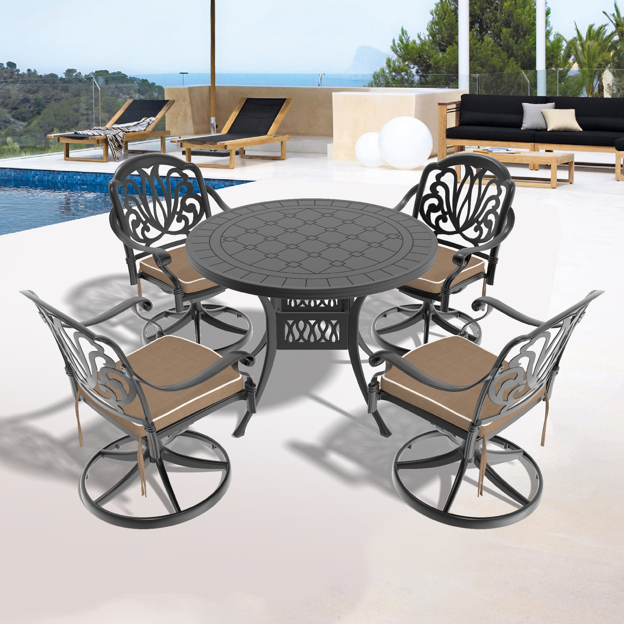 5-Piece All-Weather Cast Aluminum Dining Set, Include 4 Swivel Chairs and 39.37″ Round Table With Black Frame (same sku: W1710S00267 )