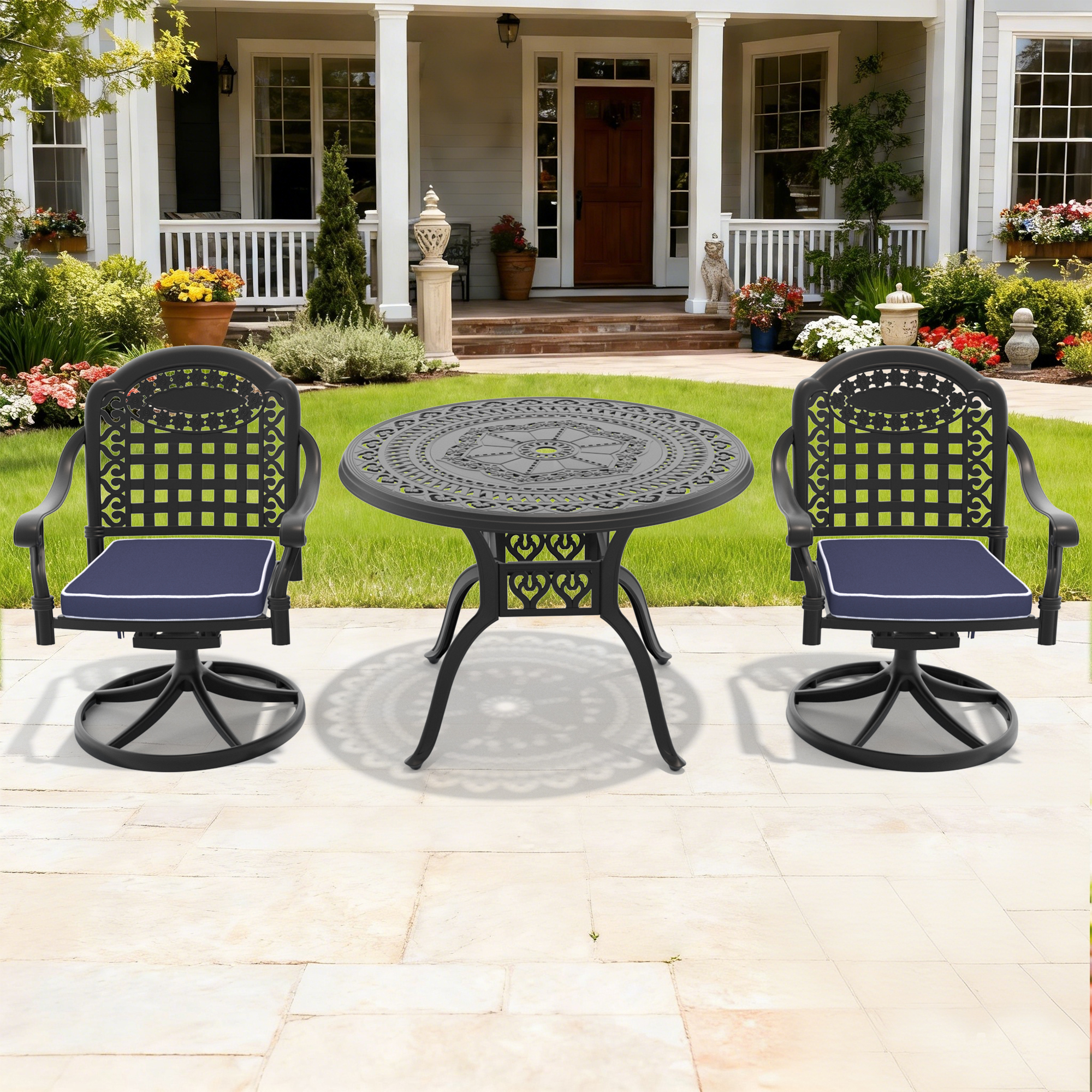 3-Piece All-Weather Cast Aluminum Dining Set, Include 2 Swivel Chairs and 39.37″ Round Table With Black Frame
