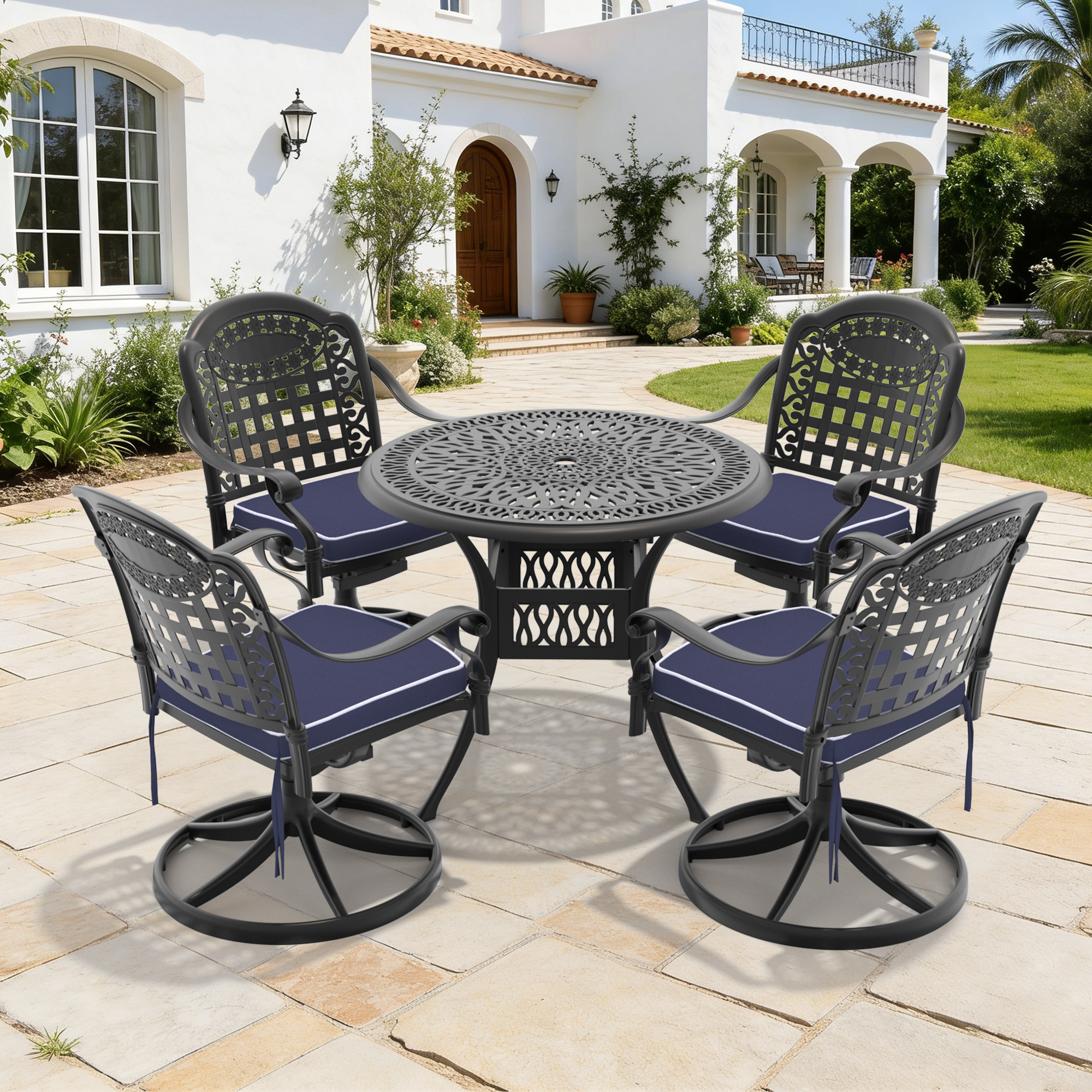 5-Piece All-Weather Cast Aluminum Dining Set, Include 4 Swivel Chairs and 35.43″ Round Table With Black Frame
